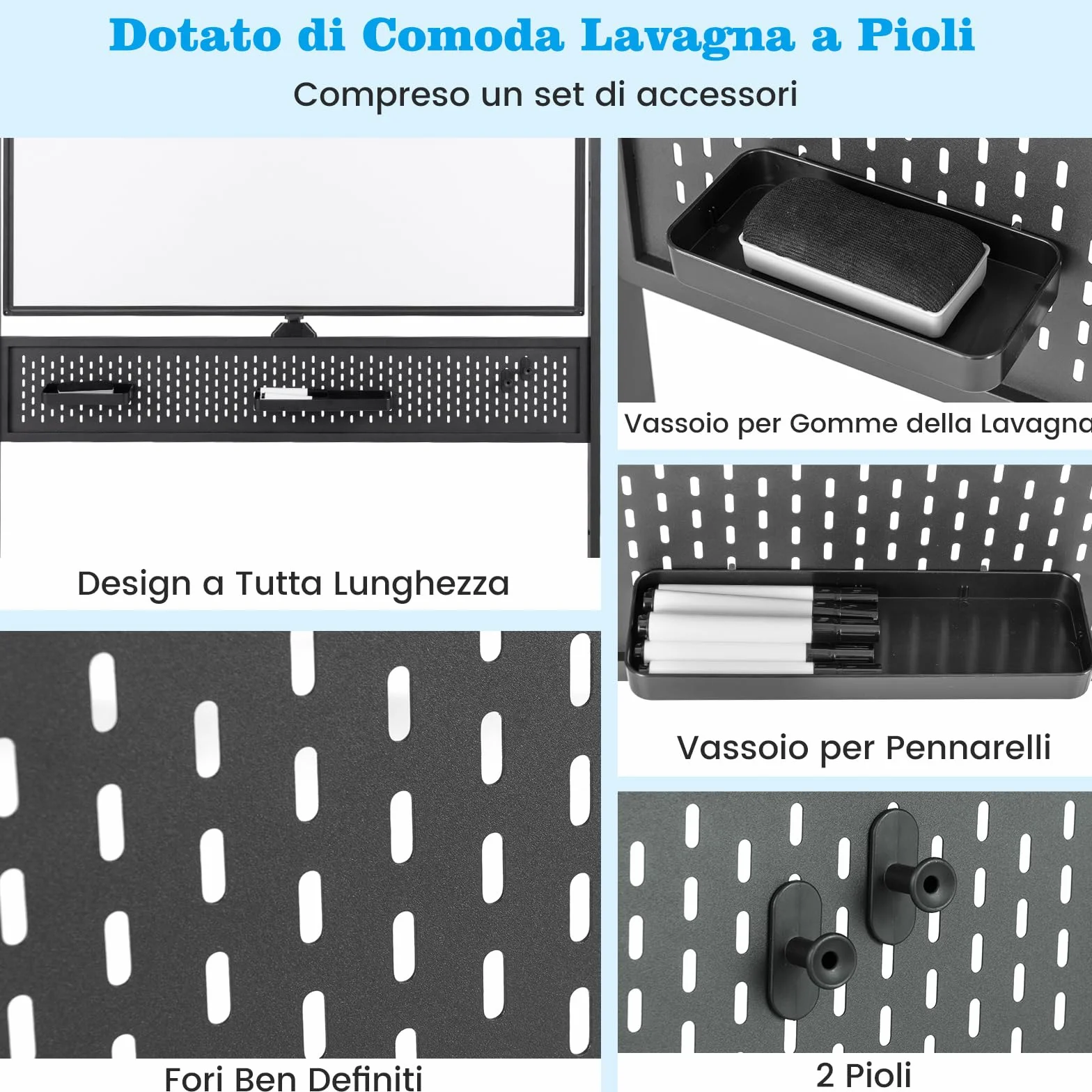 RELAX4LIFE 120 x 90 cm Lavagna Cancellabile a Secco con Ruote, Lavagna Magnetica con Supporto, Pannello Forato e Altezza Regolabile a 2 livelli, Lavagna a Cavalletto a Doppia Faccia (Nero)