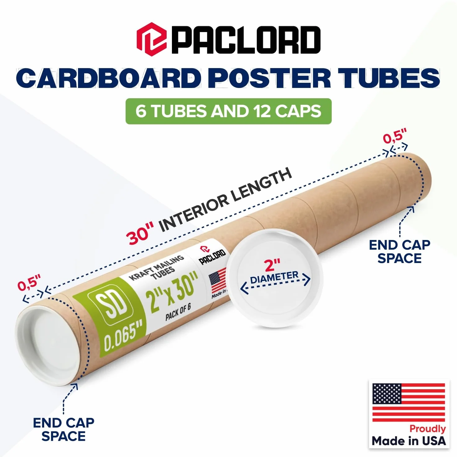 Tubo per spedizioni in carta kraft, 5,1 x 76,2 cm, 6 tubi, 12 tappi | Tubo di cartone approvato USPS per la spedizione e la conservazione di poster, stampe, opere d'arte e documenti