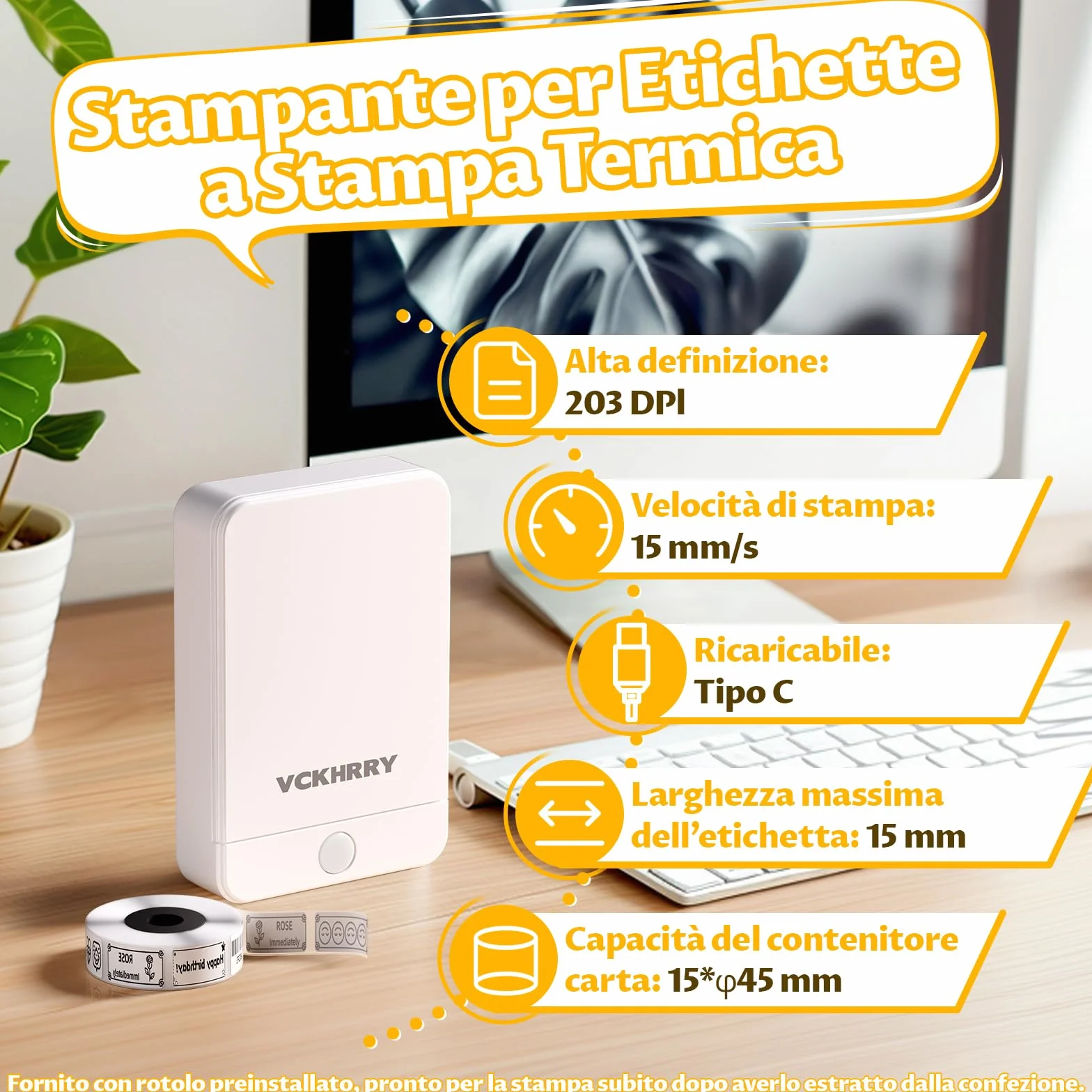 Stampante Etichette Termica Bluetooth Portatile Senza Inchiostro, 1 Rotolo Incluso, Compatibile iOS/Android