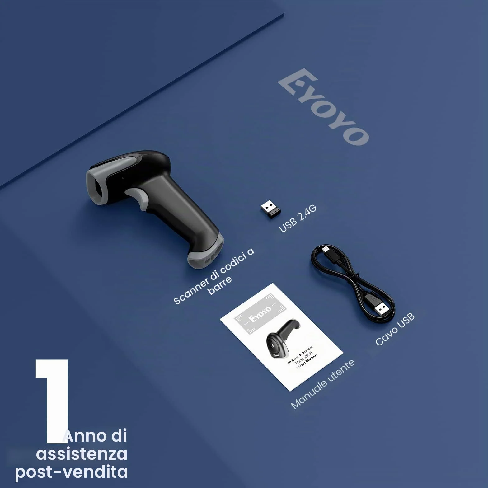 Eyoyo lettore di codici a barre wireless, 2D Bluetooth Barcode Scanner, 2.4G wireless, Bluetooth, USB cablato connessioni 3 in 1 lettore qr code reader, Batteria da 2500 mAh per Phone Tablet Laptop PC