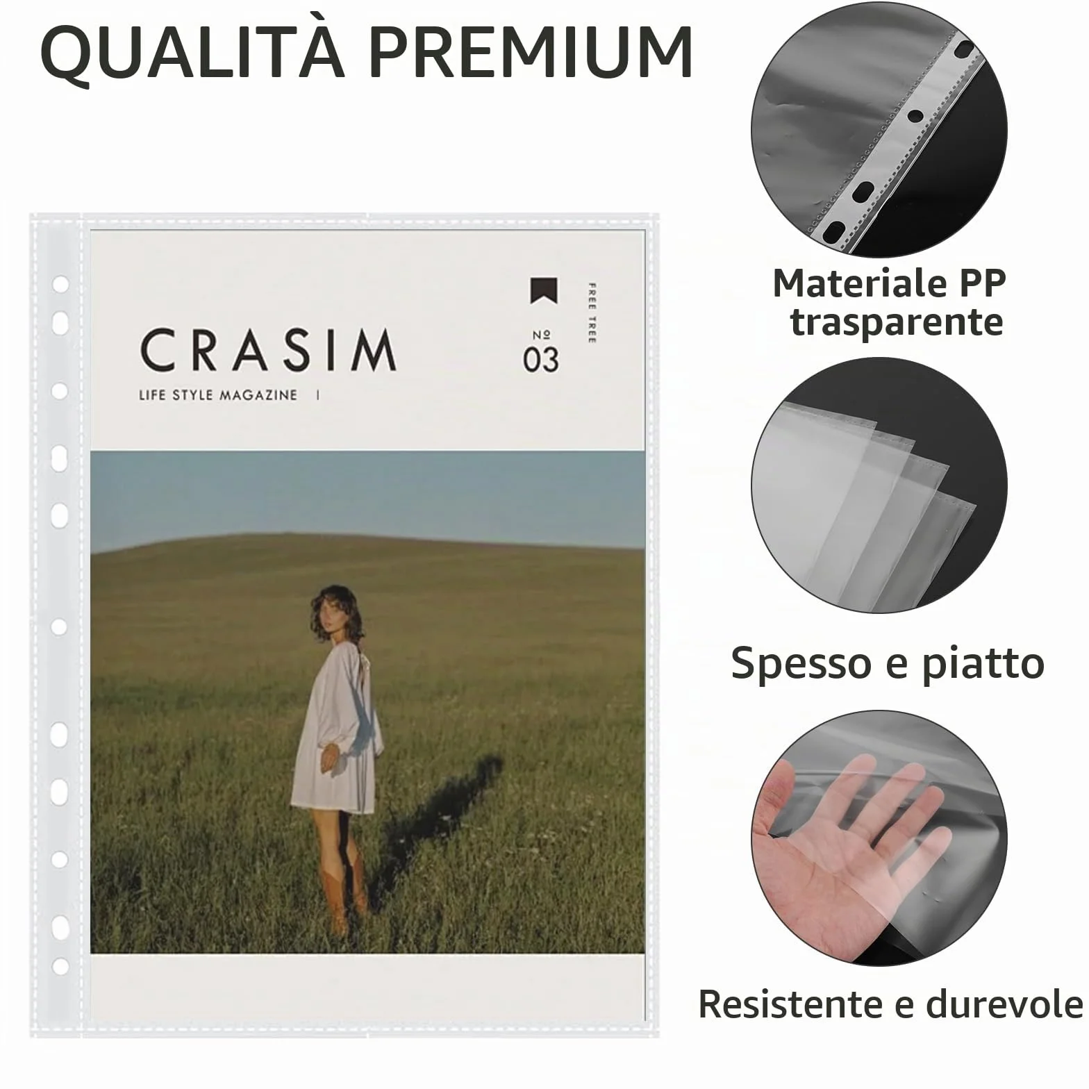 APACALI 100 Buste A3 Trasparenti, 0,05 mm, con Foratura, Pellicola Extra Forte per Raccoglitori