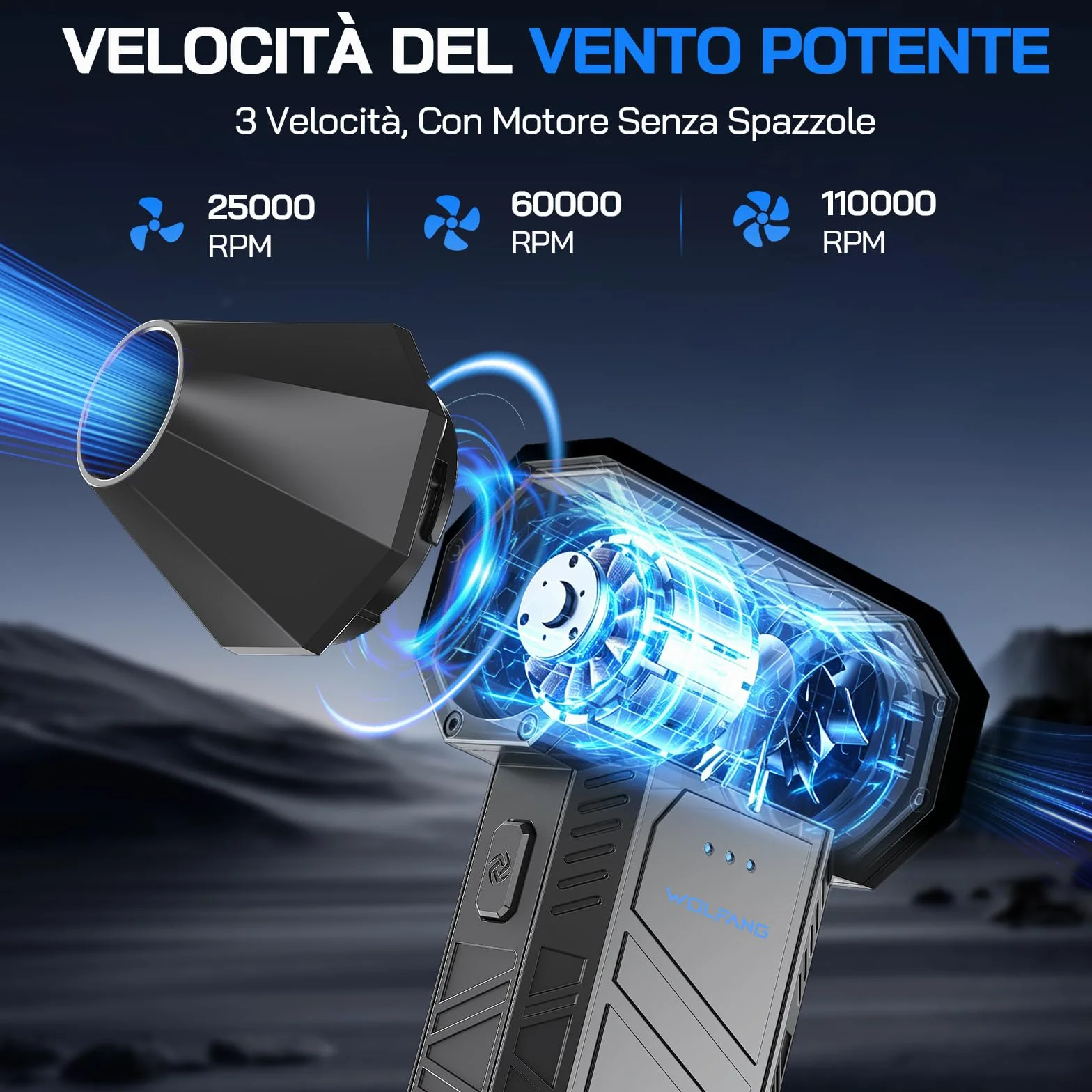 WOLFANG Soffiatore a Batteria, Aria Compressa Elettrico Rimuovi Polvere, Mini Soffiatore Portatile Ricaricabile, Soffiatore Aria Compressa Elettrico 110000 RPM con 3 Velocità