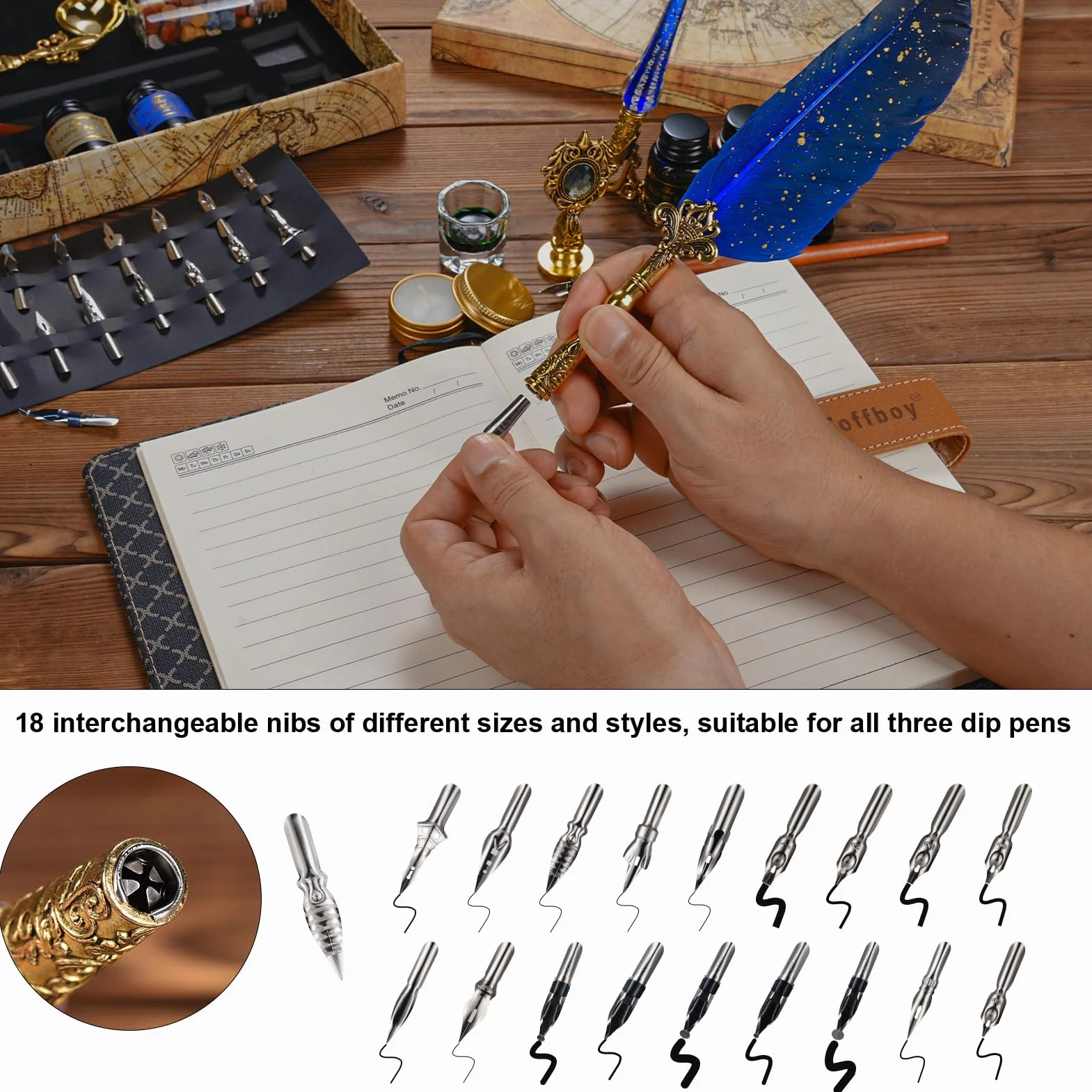 Kit di Penna a Immersione e Inchiostro, Penna Piuma Vintage con Sigillo di Cera, 6 Inchiostro e 18 Pennini di Ricambio, Penne per Calligrafia per Firma, Diario, Scrittura e Disegno