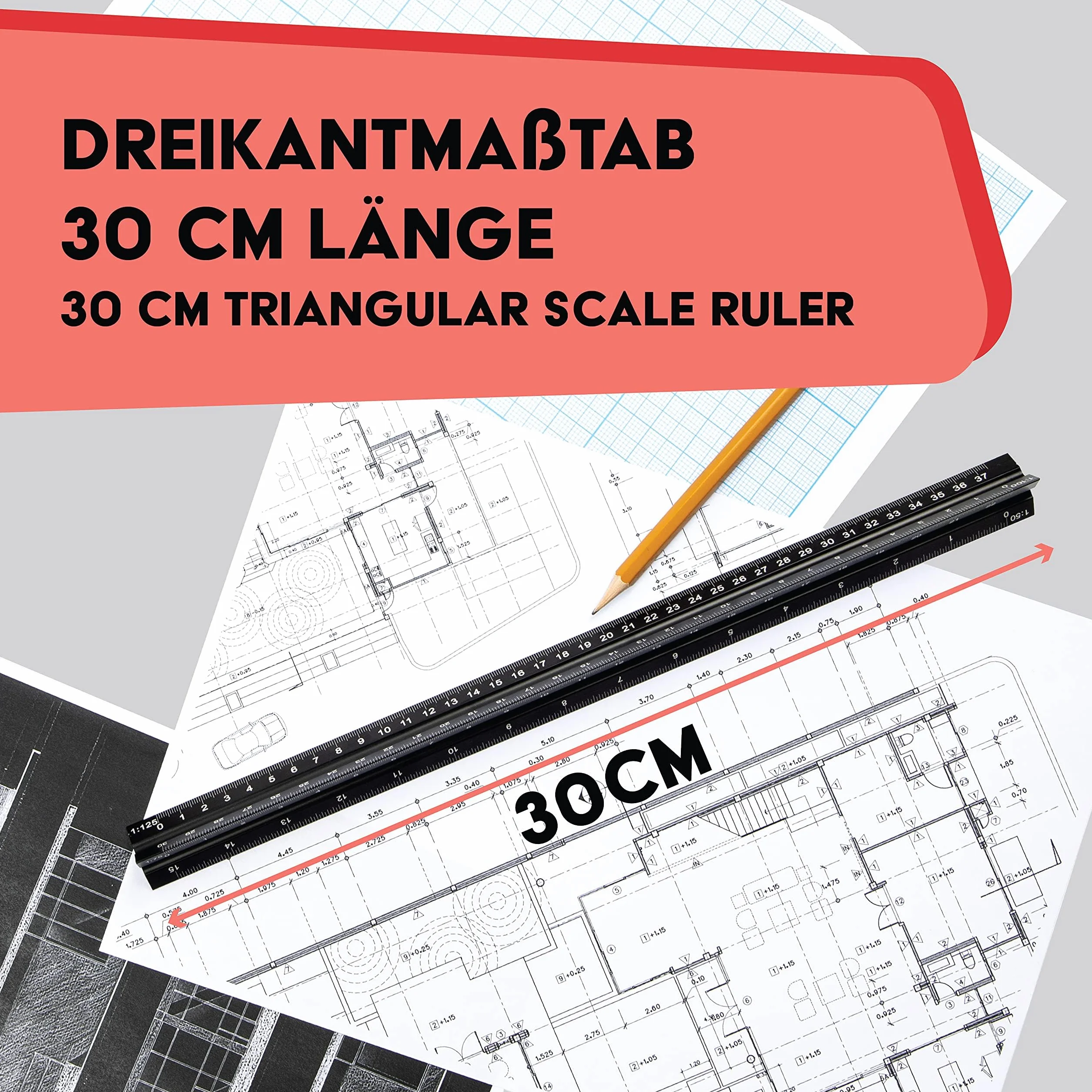 WINTEX Righello 30 cm in Metallo - Scalimetro in Alluminio - Riga da Disegno Tecnico 1:20 1:50 1:75 1:100 1:125 - Nero con Custodia