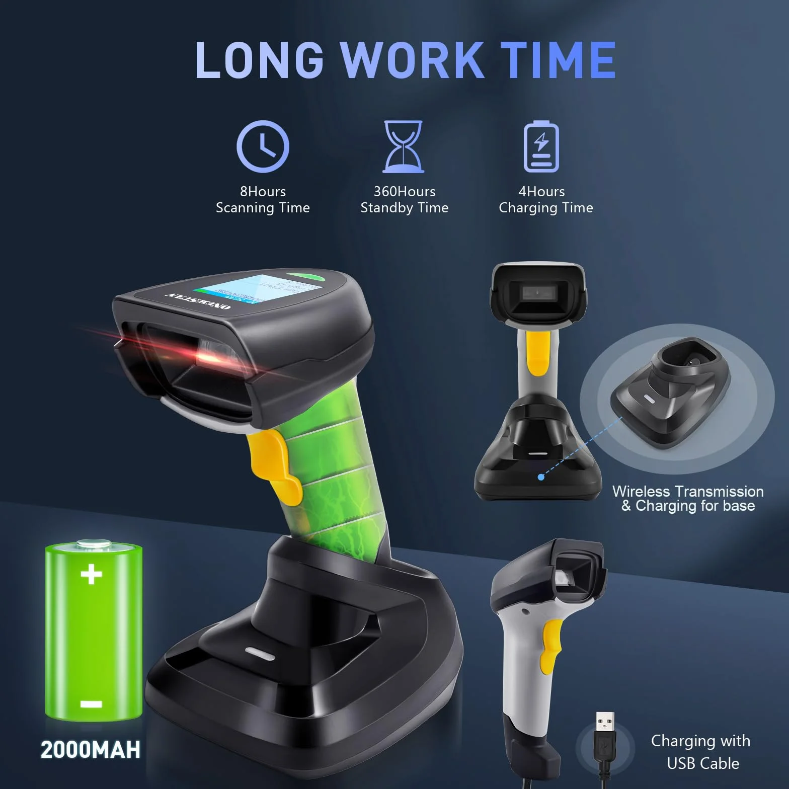 Scanner per codici a barre 2D wireless, scanner di codici a barre palmare scanner per codici a barre con base 2 in 1 connessione USB cablata e lettore di codici a barre automatico a matrice di dati