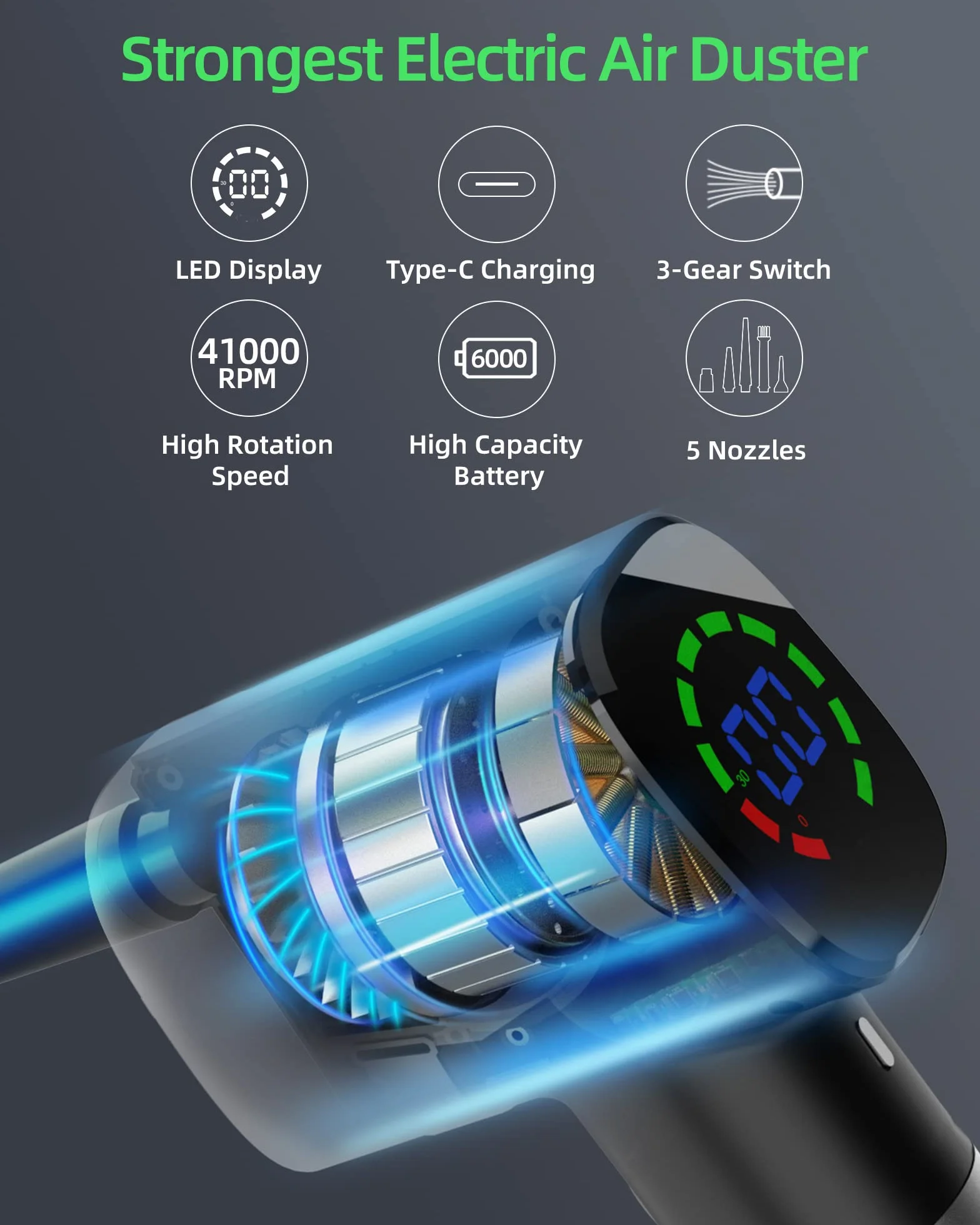 Elettrico Rimuovi Polvere, 3 Velocità Aria Compressa Elettrico Portatile 41000 Giri/Min Rimuovi air duster con LED, Polvere Aria Compressa Senza Fili per Pulizia PC, Tastiera, Auto ed Casa