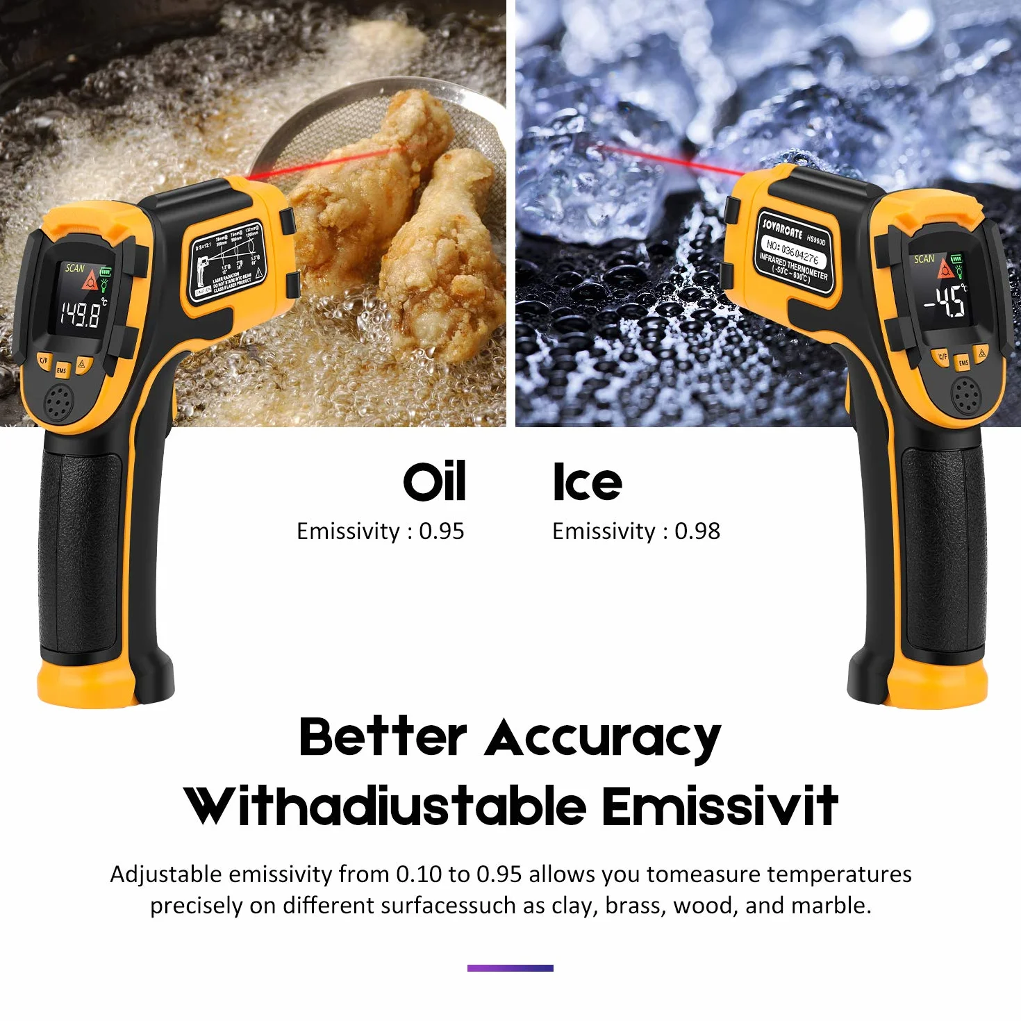 Termometro Infrarossi Digitale Laser Senza Contatto -58°F~1112°F (-50°C～600°C) Emissività Regolabile per Cottura BBQ Freezer con Sonda Carne