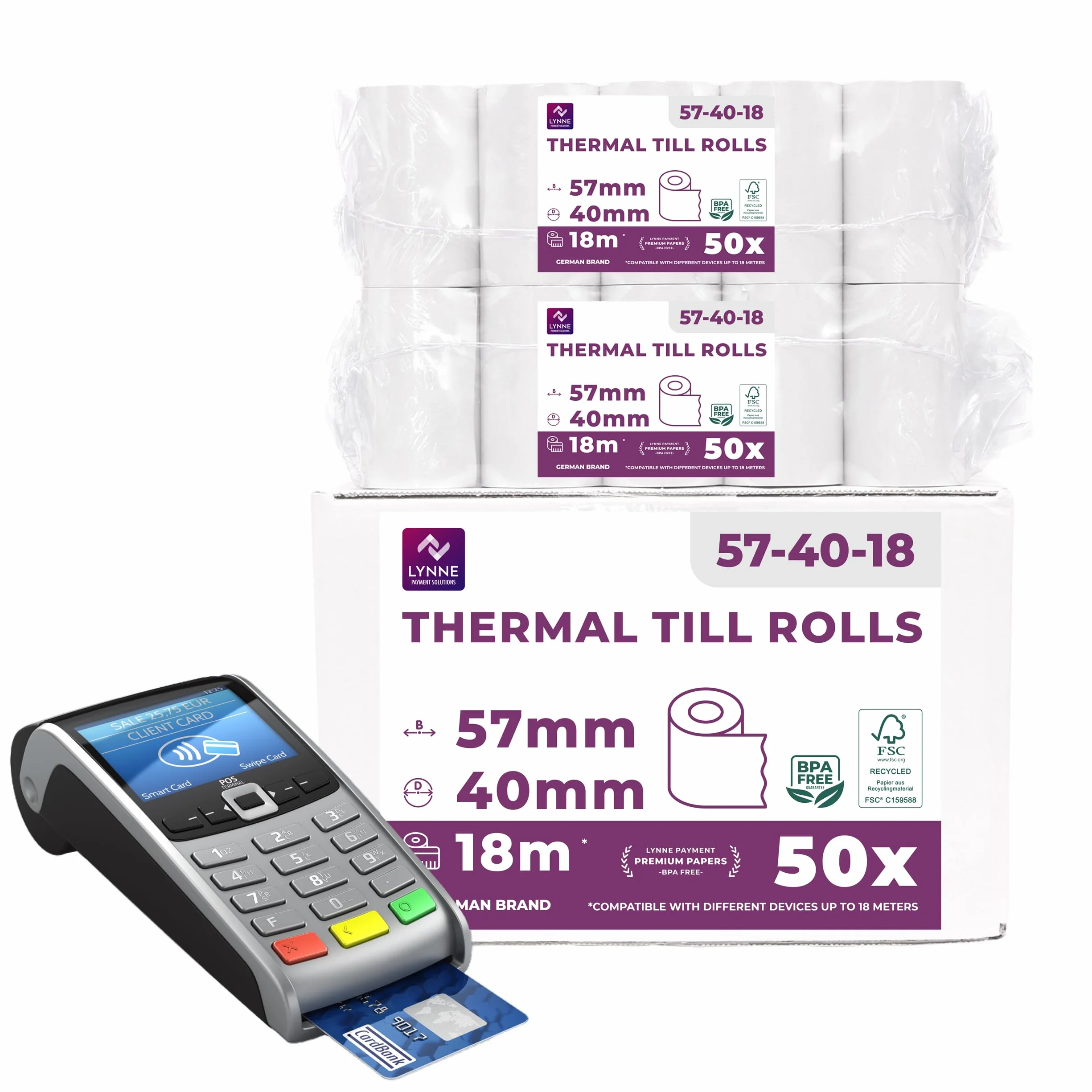 LYNNE - Rotoli POS 57x40x12 di carta termica per ricevute Bancomat - Rotolini compatibili con dispositivi POS - Rotolo 57mm x 18m x 12mm - [50x]