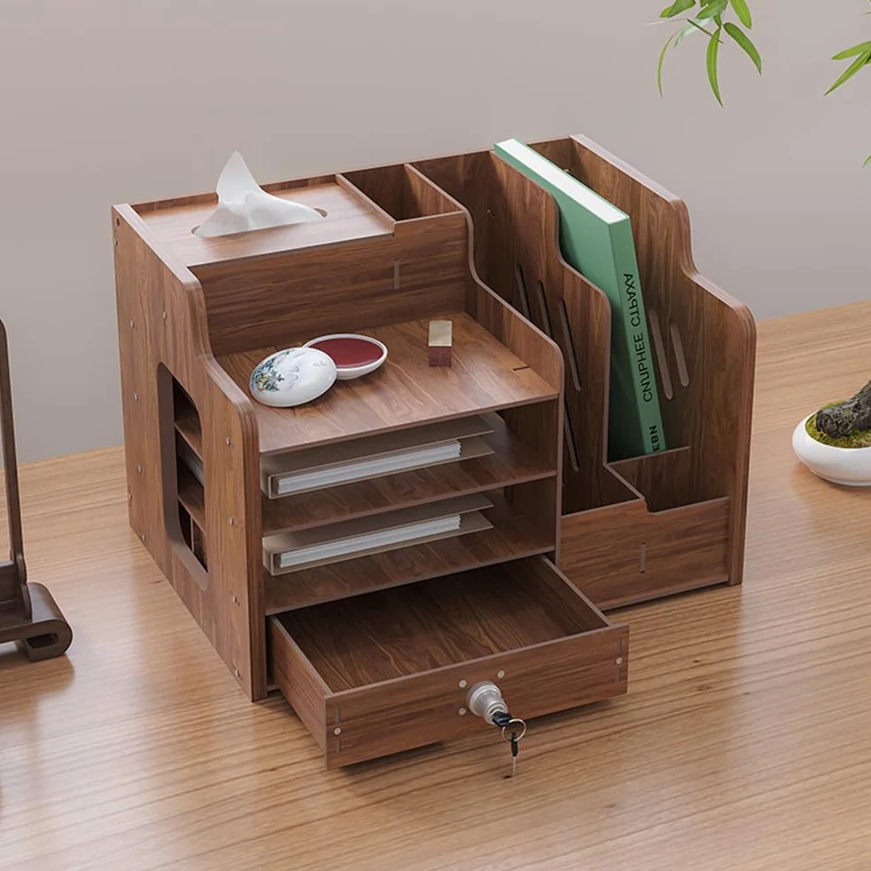 Organizer da scrivania in legno grande capacità formato A4 per ufficio casa scuola JB07-2 legno di noce