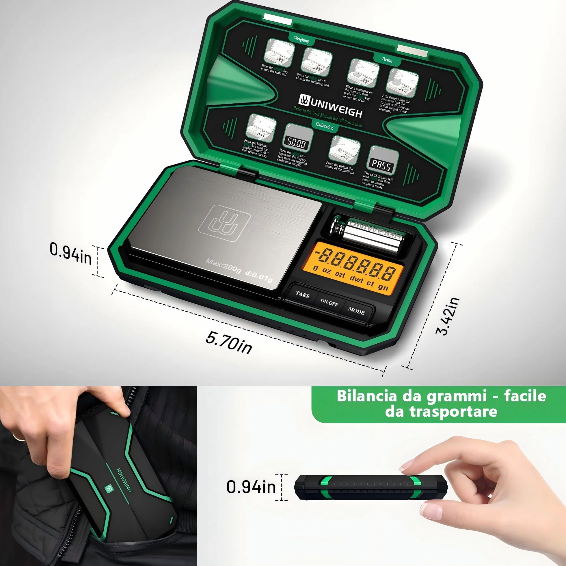 UNIWEIGH Bilancia digitale tascabile 200g/0,01g, mini scala alimentare con peso di calibrazione 50g, verde