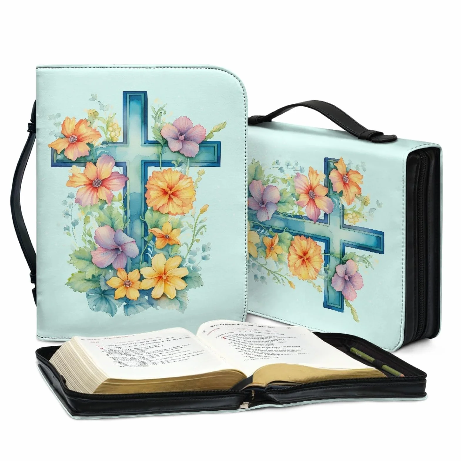 Personalizzata Custodia Bibbia in Pelle con Cerniera Grande Borsa Biblica Donna Uomo Fiore Crocifisso Azzurro L