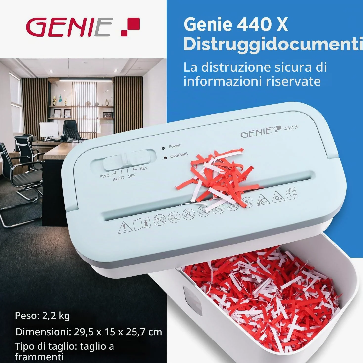 GENIE 440 distruggidocumenti | Taglio particelle 4 x 38 mm | Livello di sicurezza P-4 | Silenzioso 72 dB | Shredder compatto e portatile | Funzione di avvio/arresto automatico | Protezione da