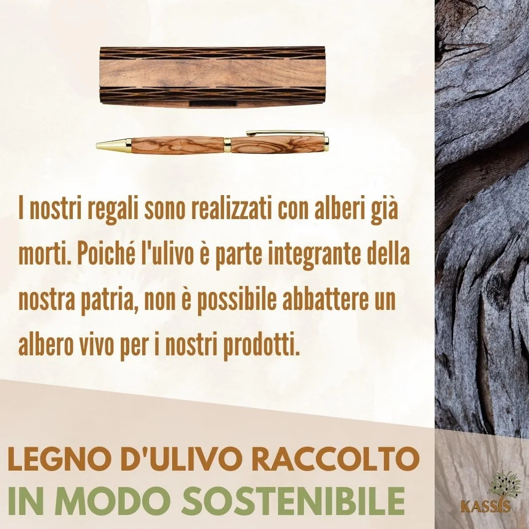 KASSIS Penna a sfera in legno d'ulivo - Realizzata a mano con bellissime venature e testo personalizzato in un'elegante scatola di legno - Penna a sfera personalizzata (Con incisione)