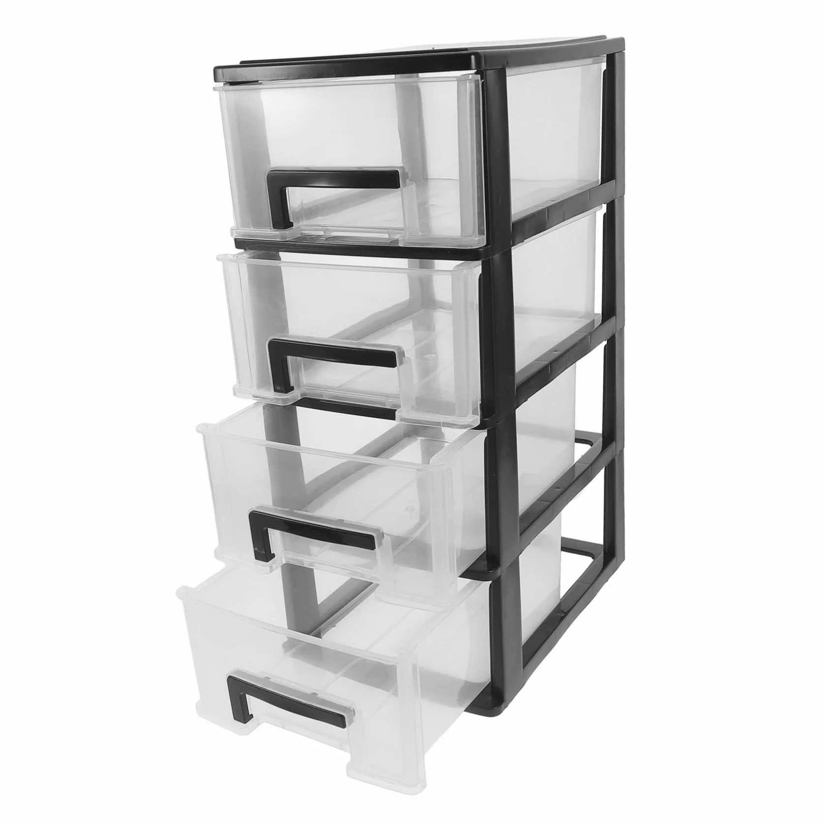 Mobiletto Cassetti in Plastica Trasparente Nero a 4 Strati, Contenitore Leggero e Compatto per Ufficio e Soggiorno, Organizer Semplice ed Elegante