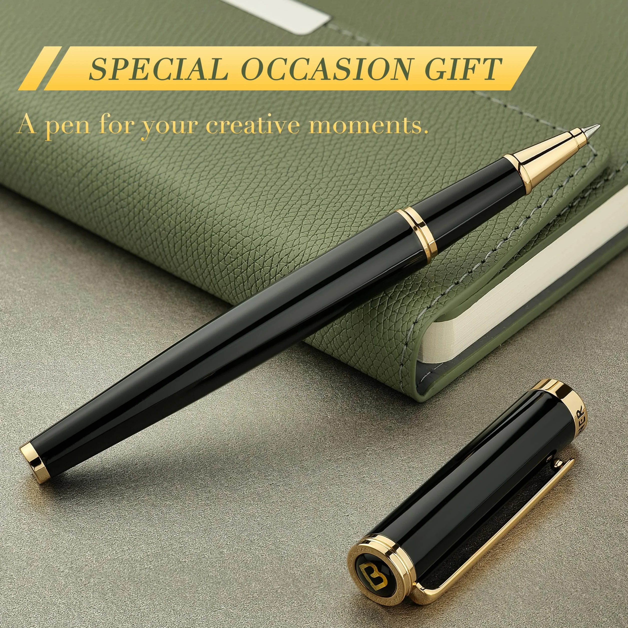 BEILUNER Penna Rollerball di Lusso Finiture Oro 24K, Design Nobili ed Eleganti, Ricambio Schneider, Set Regalo per Uomo e Donna, Professionale, Ufficio Dirigenziale - Nero & Oro