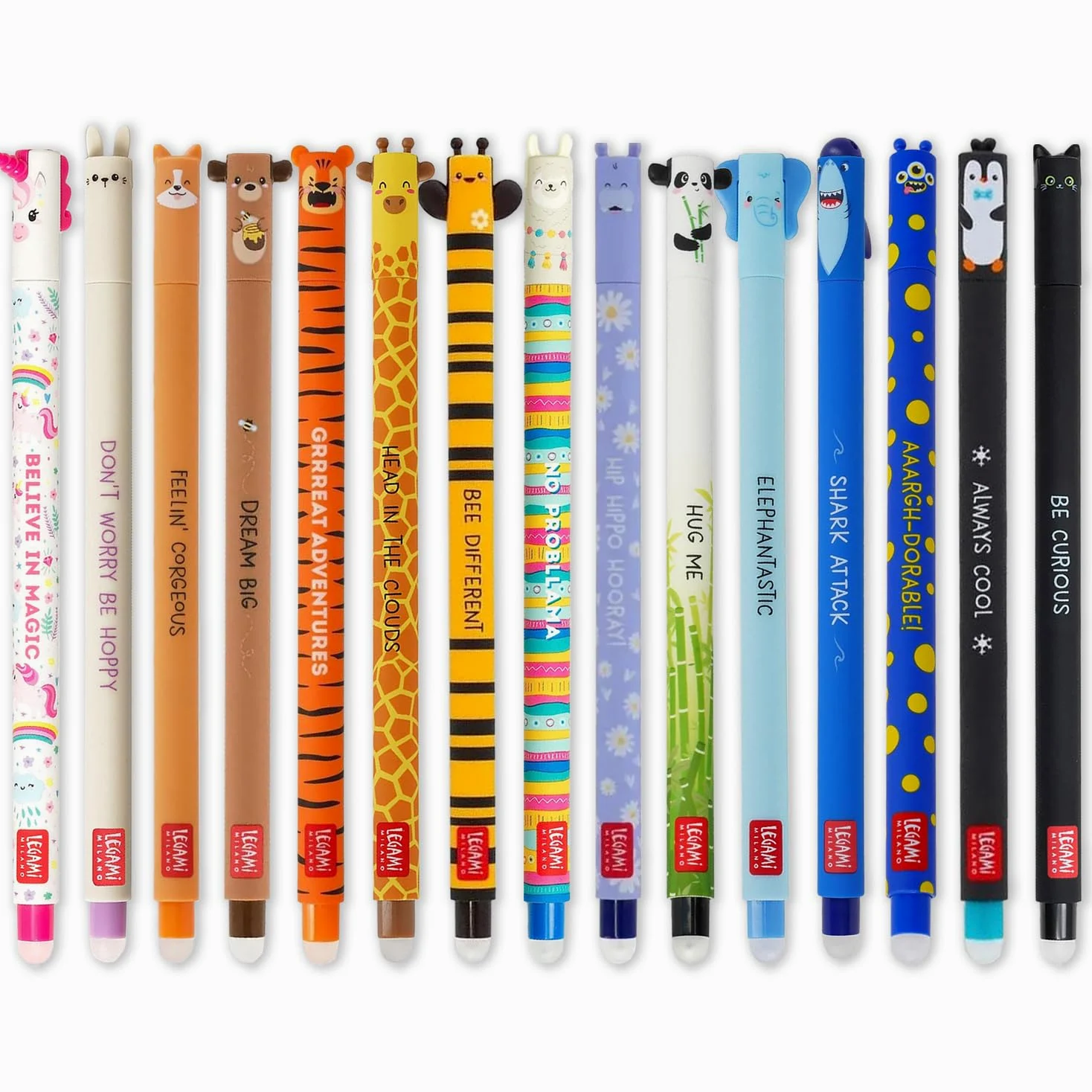 LEGAMI - Set di 15 penne gel cancellabili con inchiostro termosensibile, gamma di colori dell'inchiostro e design del fusto, punta da 0,7 mm, design di animali, tigre, mostro, pinguino, ecc