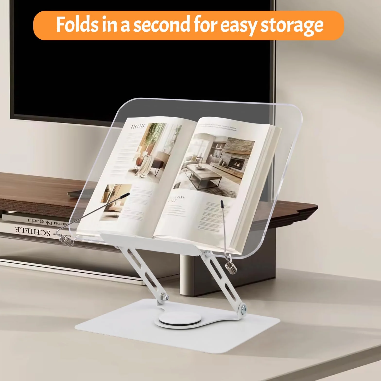 Leggio per Libri in Acrilico con Base Girevole 360° e Clip Elastiche, Regolabile 4,4-39 cm, Pieghevole Porta Libro da Scrivania
