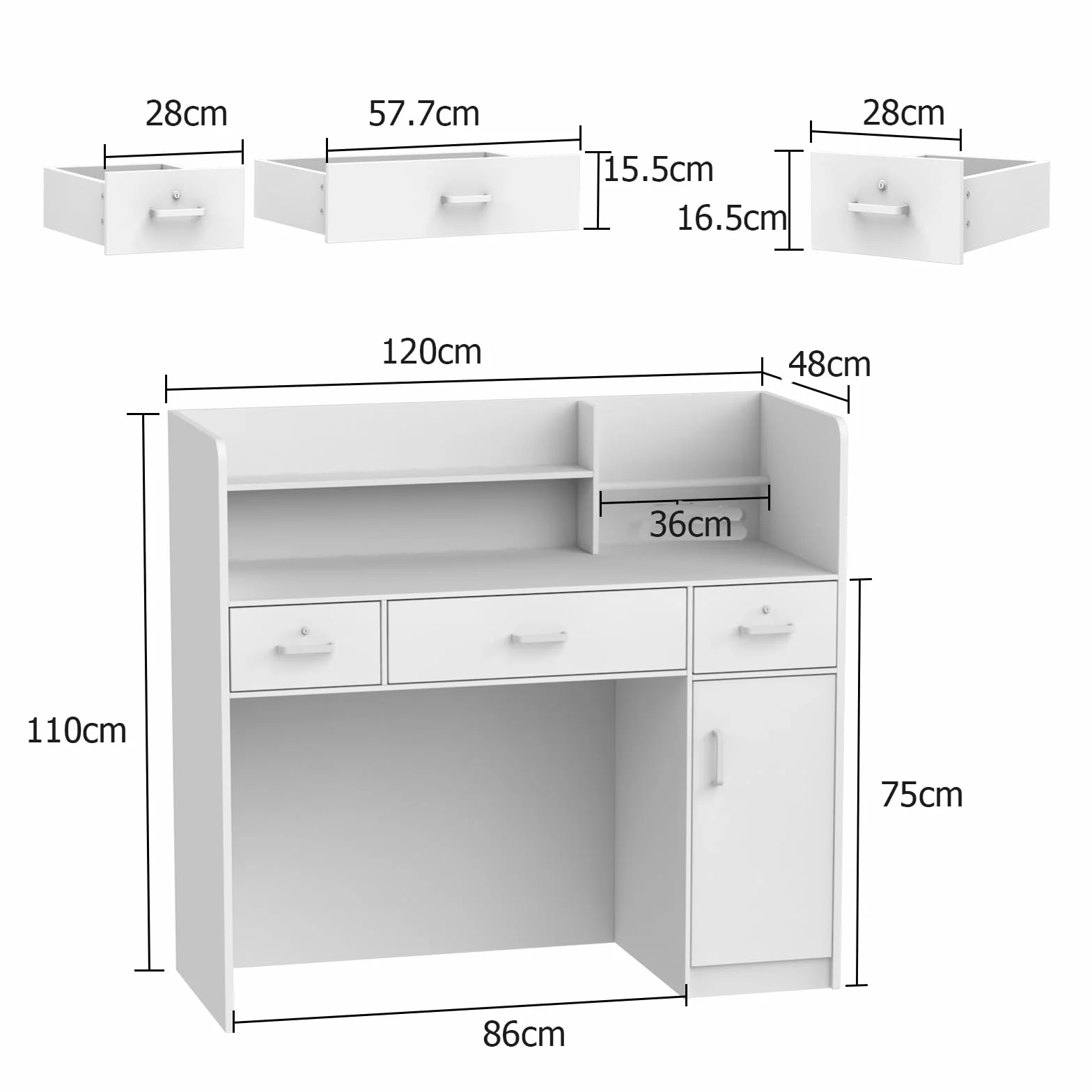 Banco reception, ufficio bancone mobili reception, nero, 3 cassetti, 110 X 120 X 48 cm