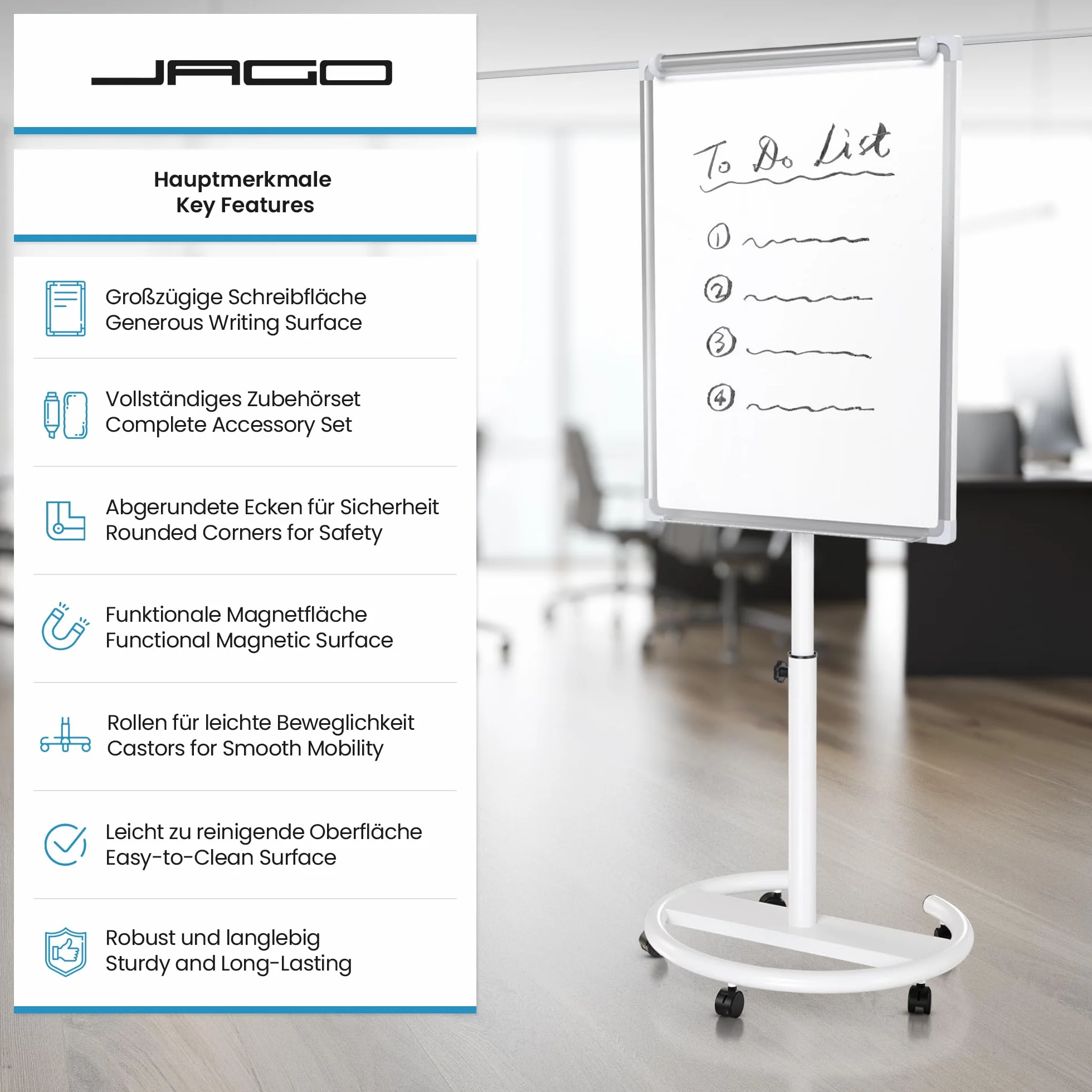 Jago® Lavagna a Fogli Mobili - con Ruote, Base Rotonda, 60 x 90 cm, Altezza Regolabile, 2 Bracci Estensibili, con Magneti, 25 Fogli, Spugna - Lavagna Portablocco, Flipchart, Bacheca Magnetica