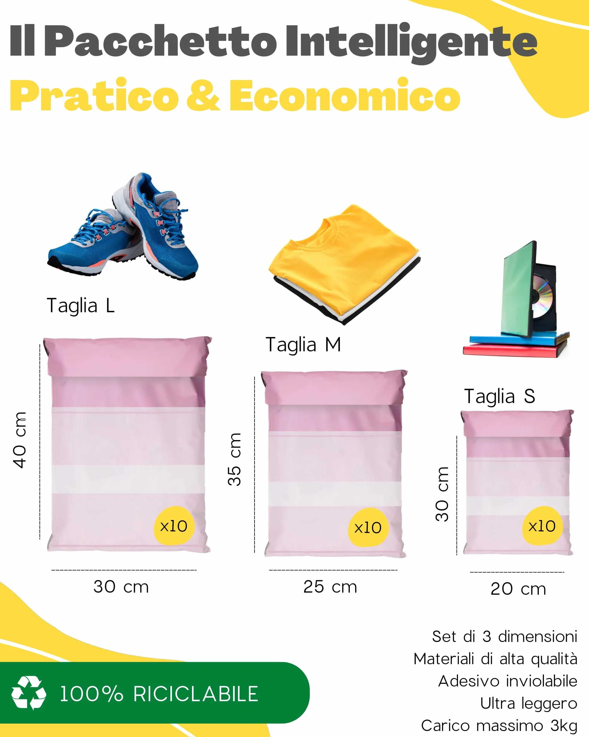 EMBALLAX Sacchetti Spedizione in Plastica 30 Buste NON TRANSPARENTI ULTRA-RESISTENTI Taglie S/M/L