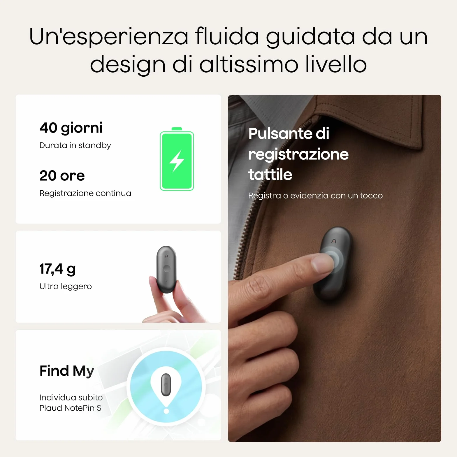 Plaud NotePin S Registratore Vocale AI Pulsante di Registrazione Tattile Audio Digitale Trascrizione Riepilogo Appunti Per Professionisti Riunioni Lezioni con 4 Accessori, Team Plan, Grigio