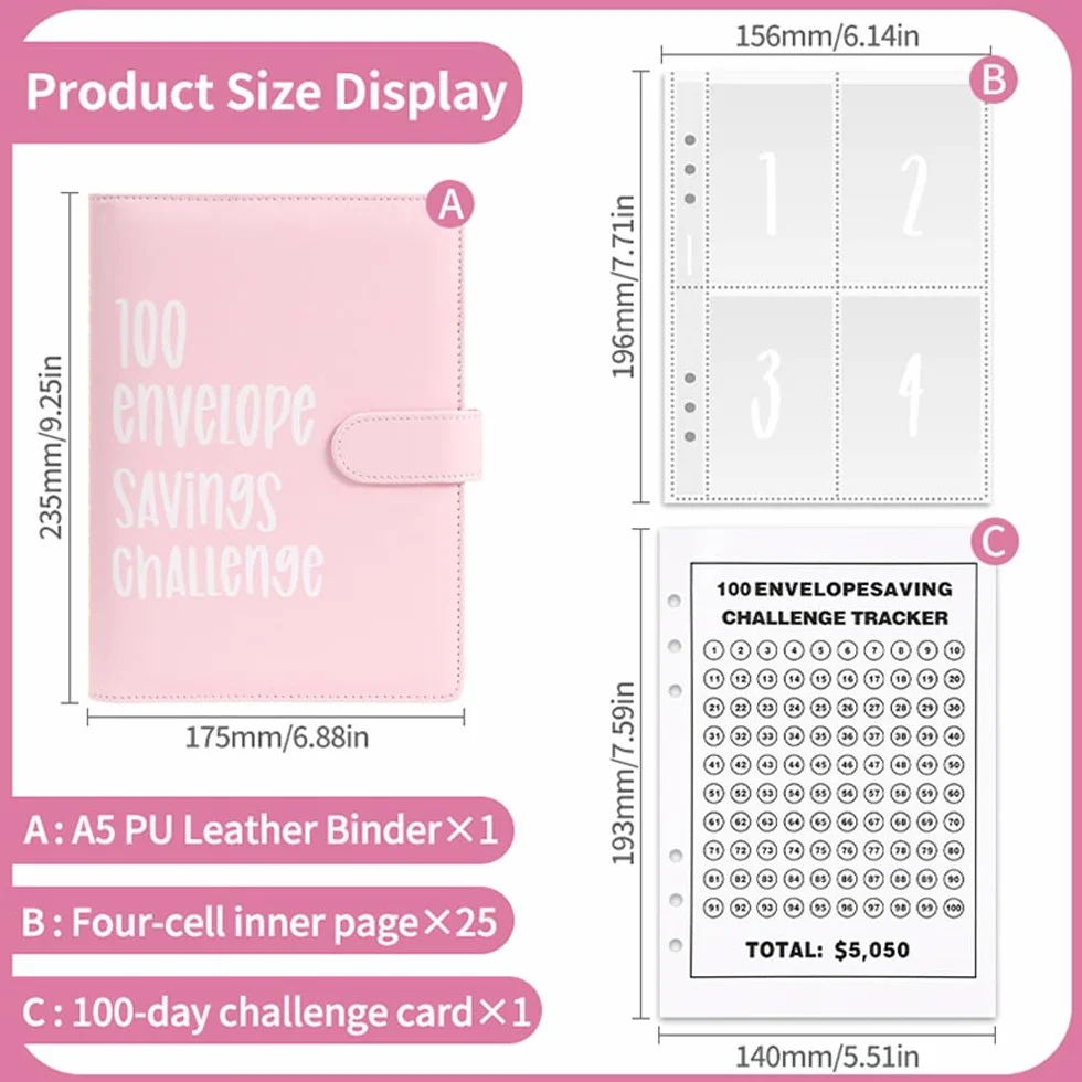 Libro del risparmio A5, 100 Envelope Savings Challenge, Challenge del risparmio, Agenda risparmio soldi con buste, 5050€ (Rosa)