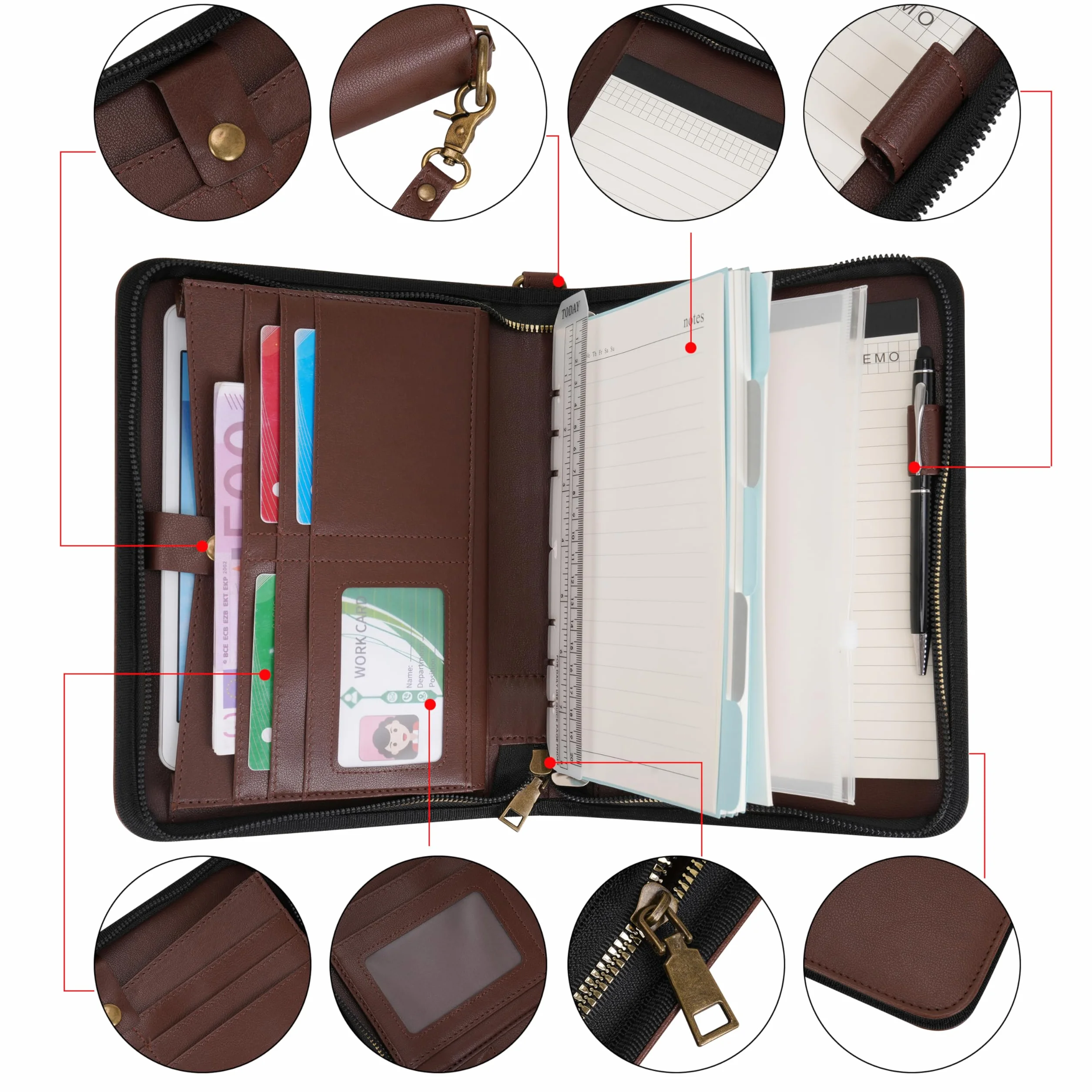 Wason A5 Portfolio Agenda con Anelli e Cerniera - Quaderno in Pelle PU con Blocco Note Staccabile e Ricaricabile, Blocco Legale per Organizzazione Aziendale, Studio e Viaggi (Caffè)
