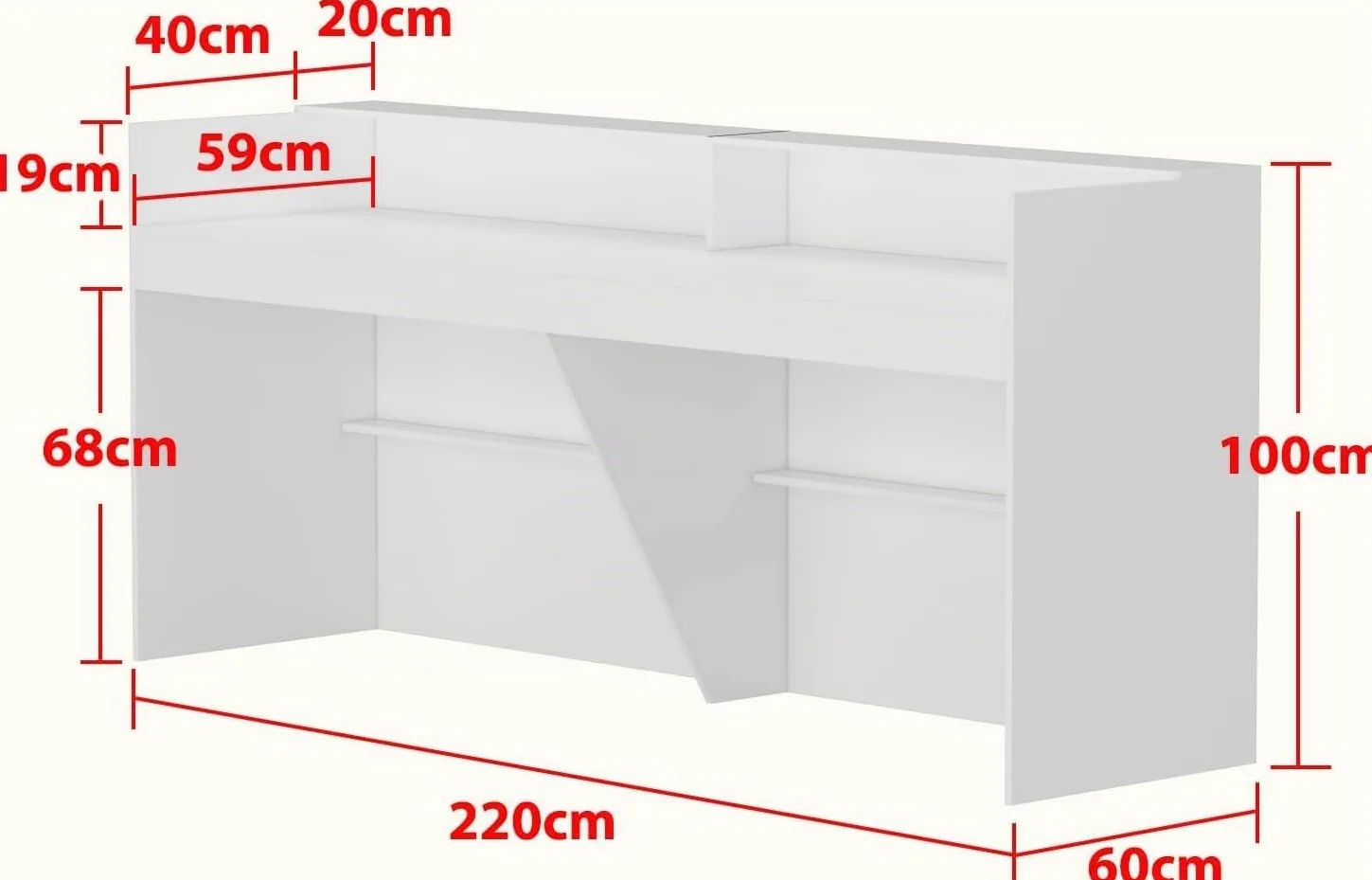 Grande bancone di ricezione con grande superficie di lavoro, casse di ricevimento, banco di reception, bancone negozio, banco di vendita, mobile reception, bianco, MDF, 220 cm x 60 cm x 100 cm