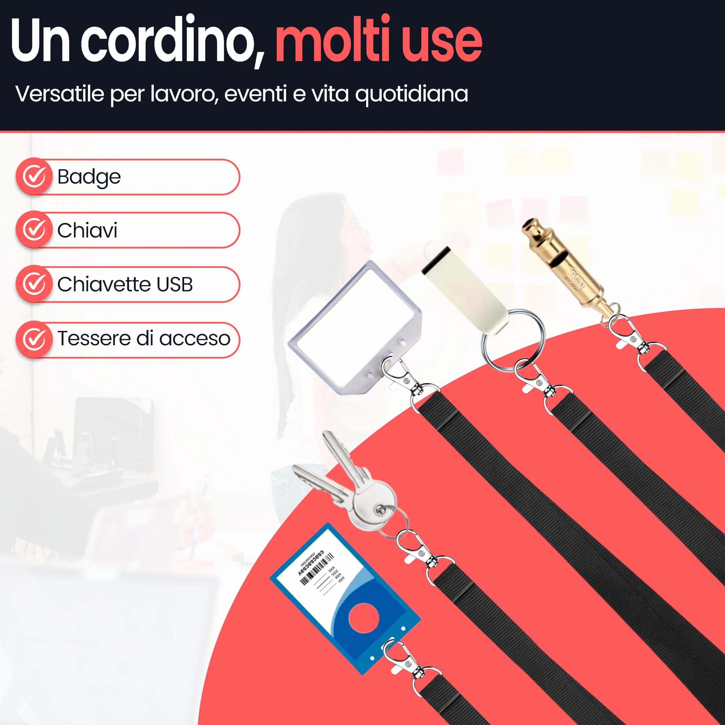 Porta Badge Da Collo Con Gancio In Metallo - Cordino In Poliestere 2cm x 46cm per Tessere, Chiavi, USB