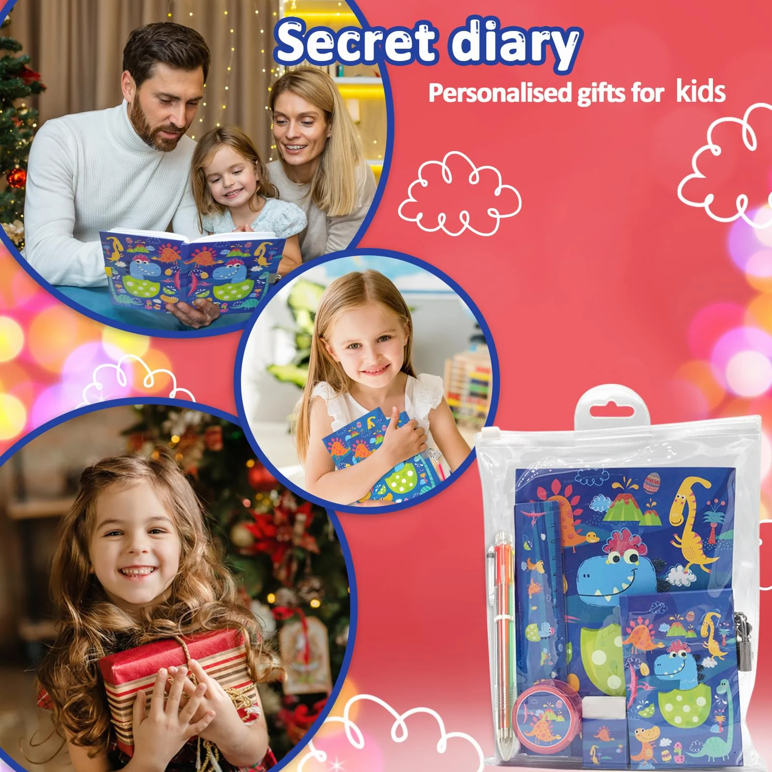 Zestaw Diario Segreto Bambino Blu Dinosauro z Lucchetto, Penna 6 Kolorów, Mini Notes, Righello, Temperamatite dla Dzieci 6-10 Lat