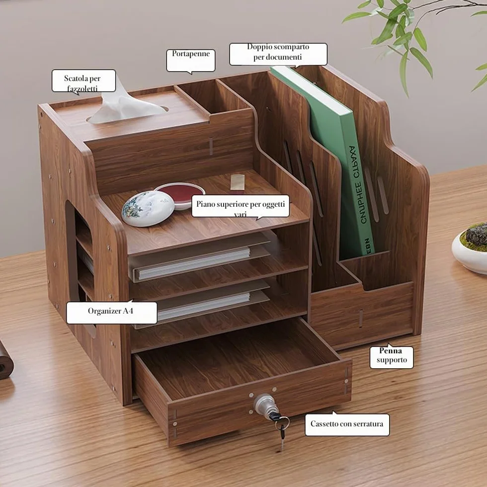 Organizer da scrivania in legno grande capacità formato A4 per ufficio casa scuola JB07-2 legno di noce