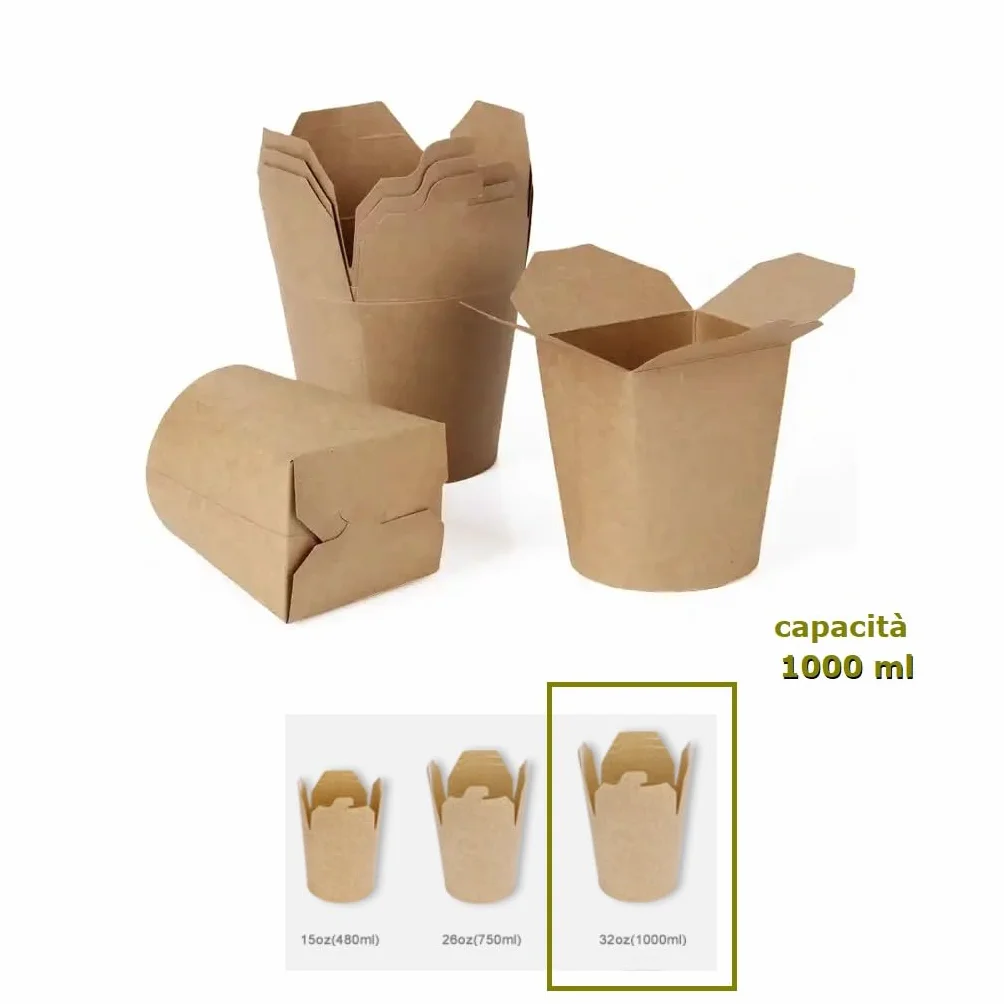 Bio Noodle Box Scatole da Asporto 1000 ml Kraft Cartone Coperchio Pieghevole 50 Pezzi