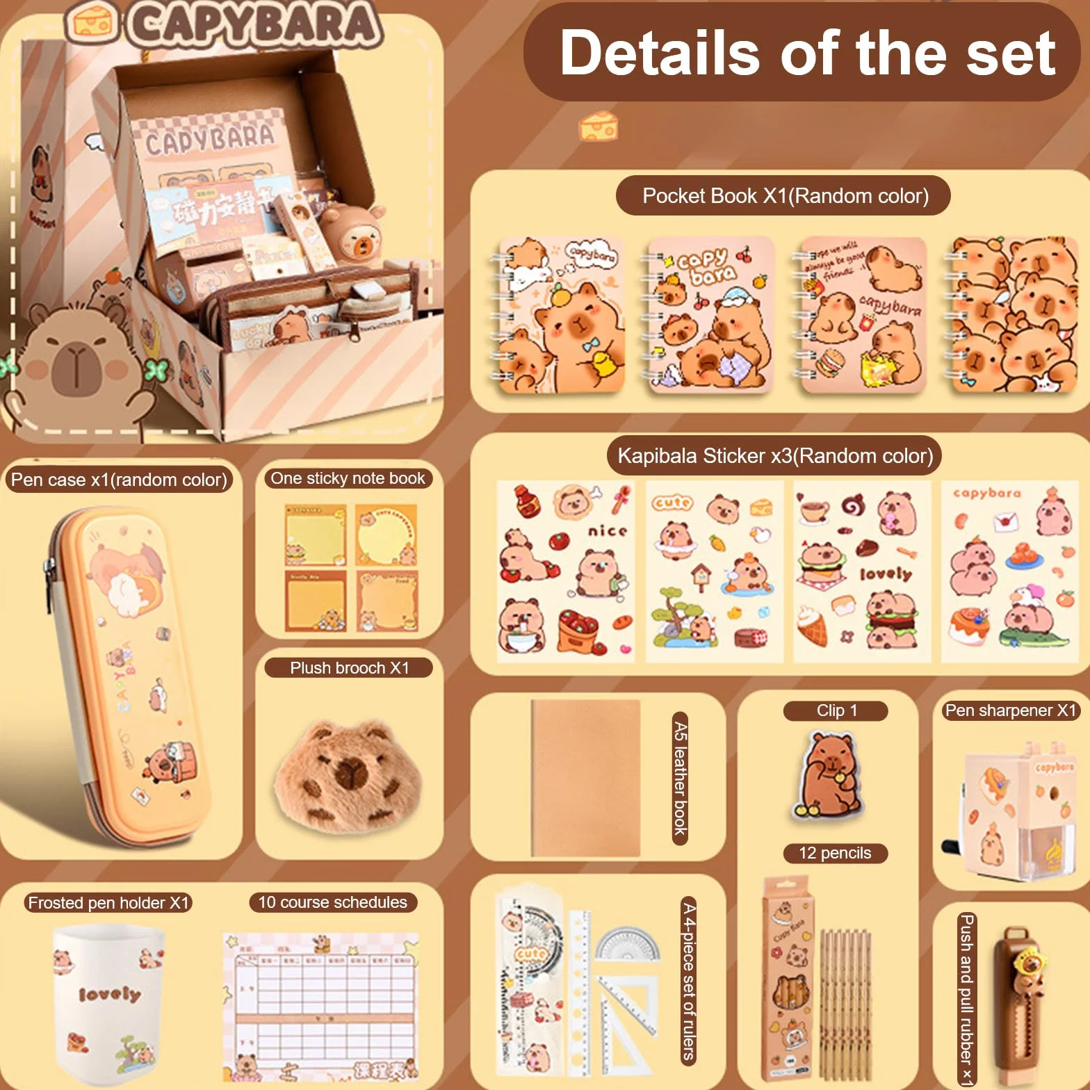 Set di Cancelleria Capibara, Forniture per Ufficio e Scuola Astuccio Capibara con Accessori Penne Cancellabili,Segnalibri Block Notes Adesivi Badge Regalo per Ufficio Scuola Studenti Bambini
