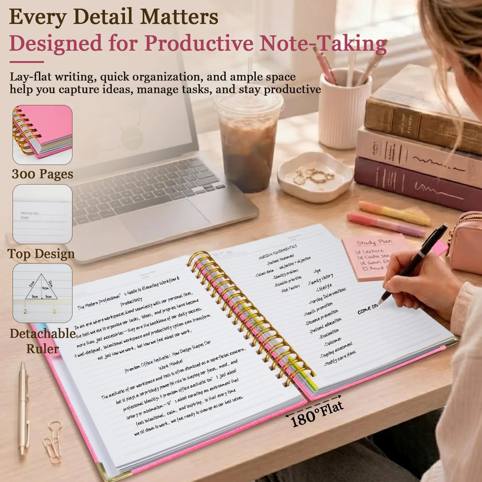 Taccuino a spirale 15,2 x 20,2 cm, 5 soggetti con divisori, 300 pagine, a righe con chiusura magnetica, quaderni a schede A5 per lavoro, scuola, diario scintillante per donne (rosa)