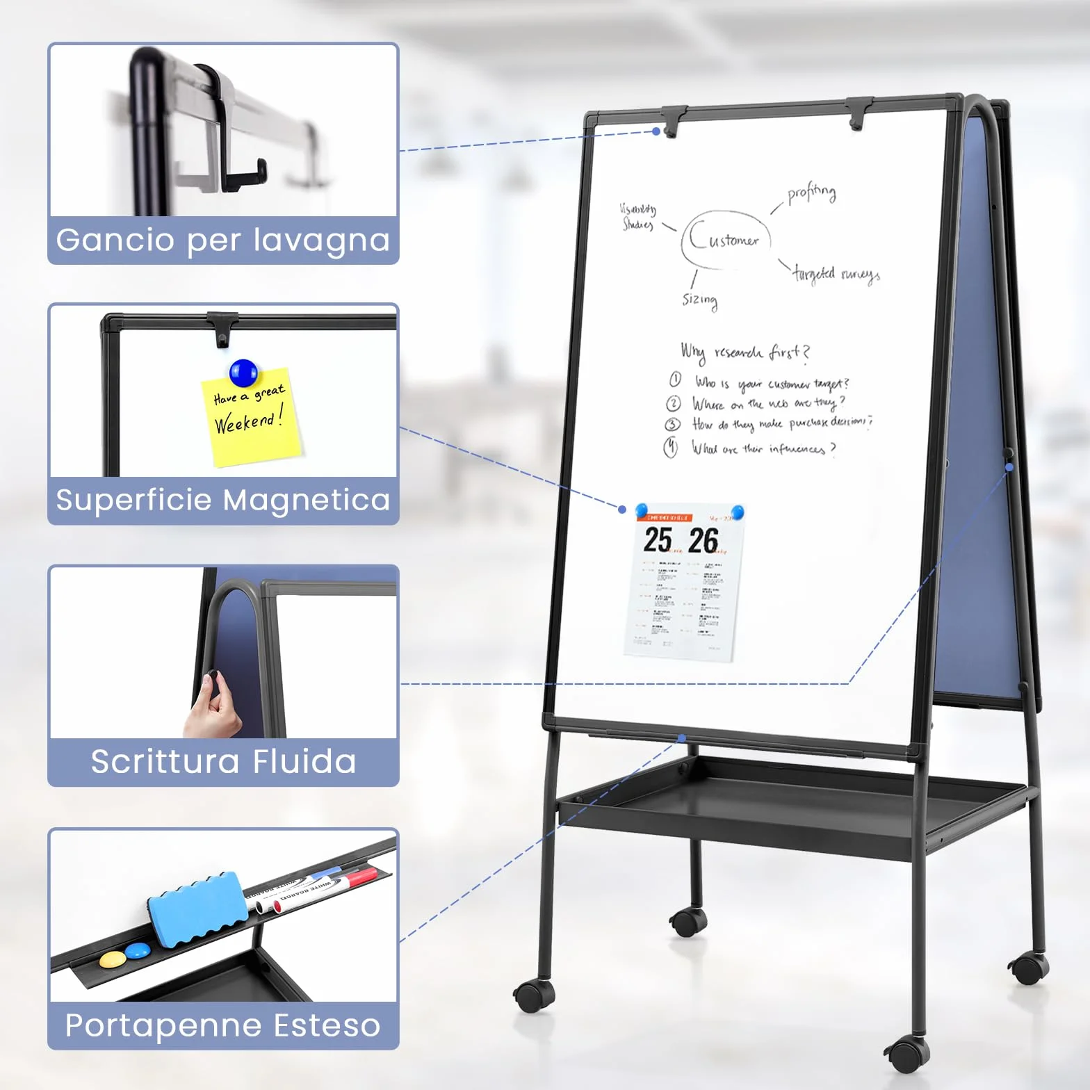 MAKELLO Lavagna Magnetica a Doppia Faccia Mobile con 4 Rotelle - Lavagna a Fogli Mobili, Struttura in Alluminio Nero Regolabile in Altezza, Stabile per Ufficio/Aula/Home Office