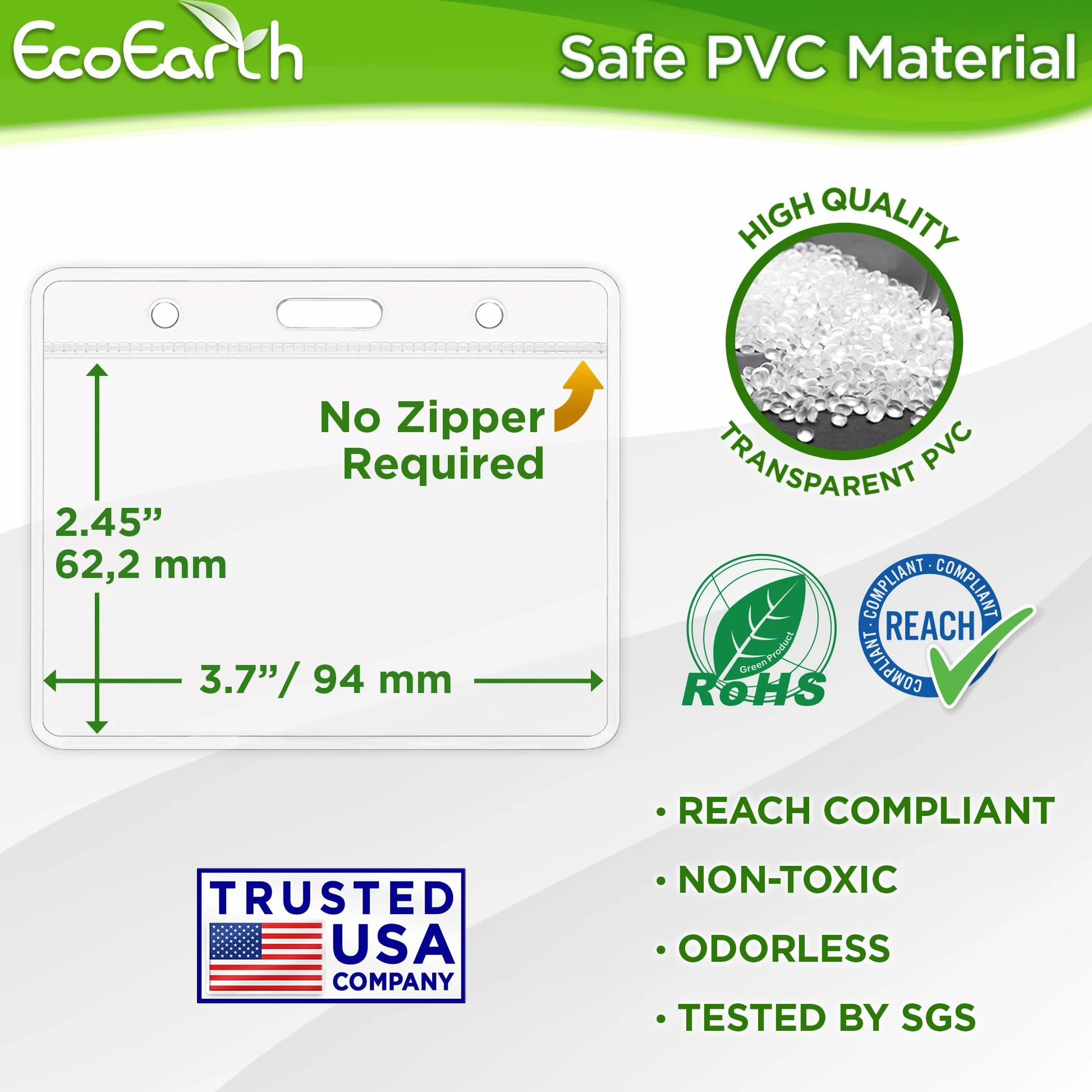 EcoEarth Porta badge orizzontale senza cerniera (trasparente, 8,9 x 5,6 cm, confezione da 250 pezzi), custodia in plastica a caricamento rapido, custodie per etichette