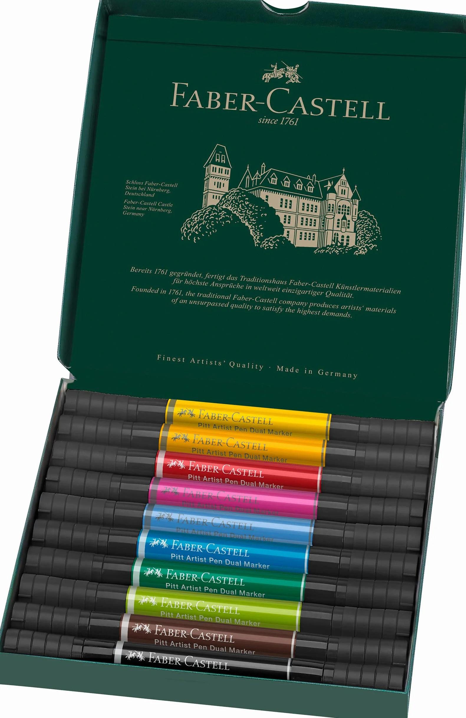 Faber-Castell 162010 - Pitt Artist Pen Dual Marker pennarello a inchiostro, con due punte, una punta a pennello e una punta in fibra con montatura metallica, astuccio in cartoncino da 10