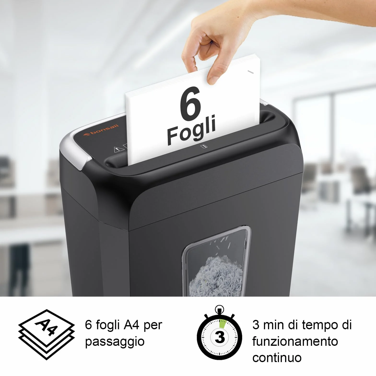 Bonsaii Distruggidocumenti P-4, Tritadocumenti 6 Fogli, Carte di Credito, Graffette, Contenitore 13L, C237-B