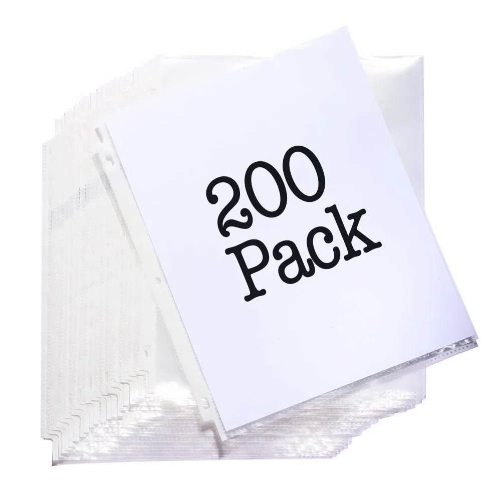 Protezioni per fogli trasparenti per raccoglitori a 3 anelli, caricamento dall'alto, 3 fori perforati, 21 x 28 cm, sicure per archiviare foto o copie stampate, contiene più fogli, confezione da 200