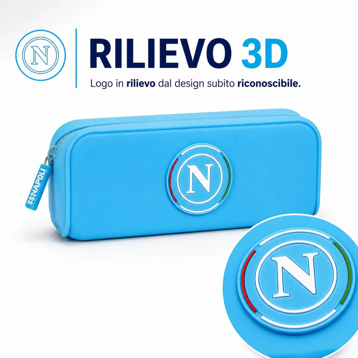Colourbook Astuccio SSC Napoli Azzurro Silicone Lavabile Portapenne Scuola Logo 3D Zip Gadget Calcio 19,5x7x5,5 cm