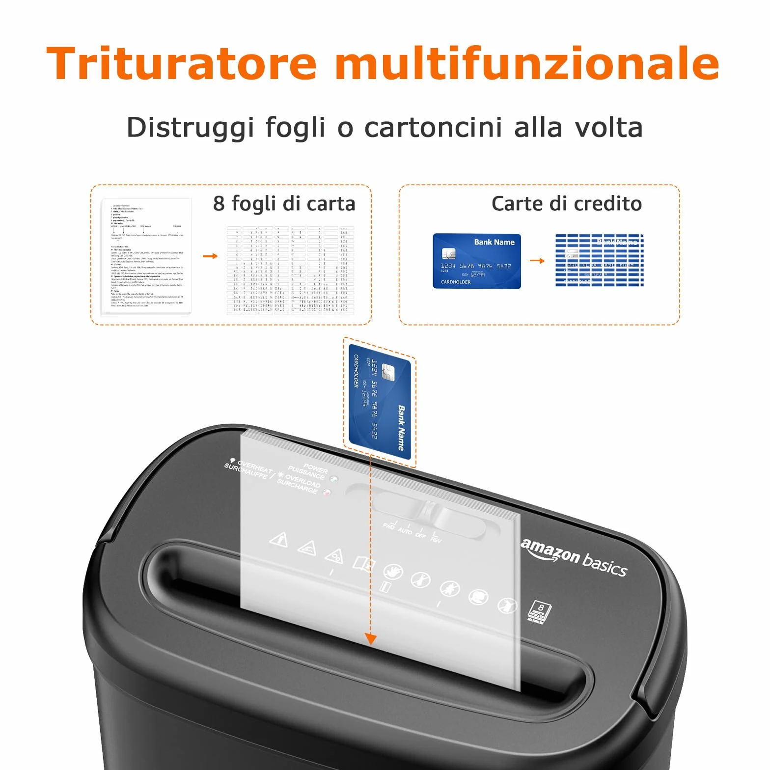 Amazon Basics Distruggidocumenti a Taglio Trasversale da 8 Fogli per Carta e Carte di Credito, 8 Fogli (Nuovo Modello, Nero)