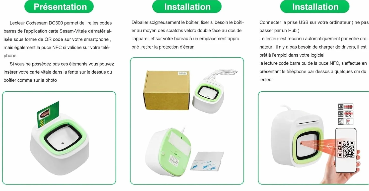 Lettore di schede Vitale DC300, 3 in 1: QR Code - NFC - Scheda singola - Plug and Play, nessun driver da installare