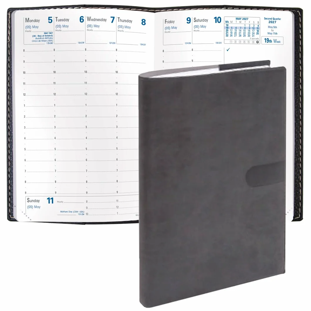 Quo Vadis Agenda settimanale 2027, 12 mesi, da gennaio a dicembre, 10,2 x 15,2 cm, copertina liscia in finta pelle scamosciata Texas, color carbone