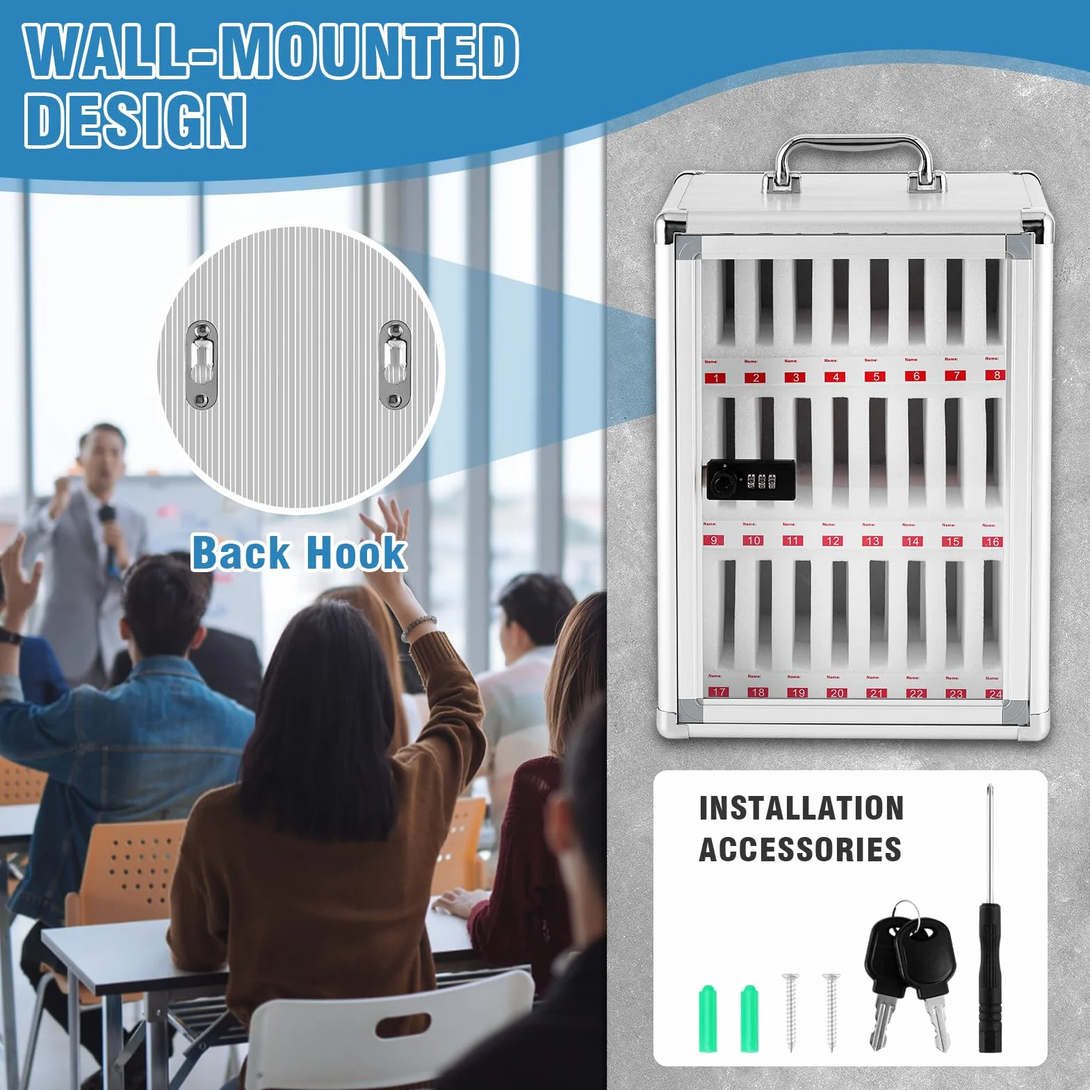 MXBAOHENG 24 Slot Mobile Phone Storage Cabinet In Lega di Alluminio Scatola di armadietti per la Gestione dei telefoni cellulari a Parete con Maniglia e Codice per Scuola Fabbrica Azienda