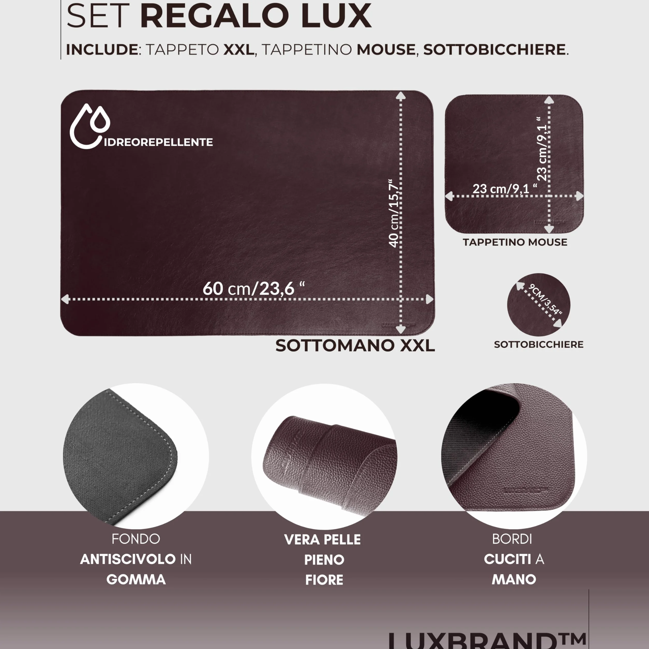 Set Tappetini da Scrivania in Vera Pelle 2 Pezzi XXL Mouse Pad Sottomano Ufficio Marrone