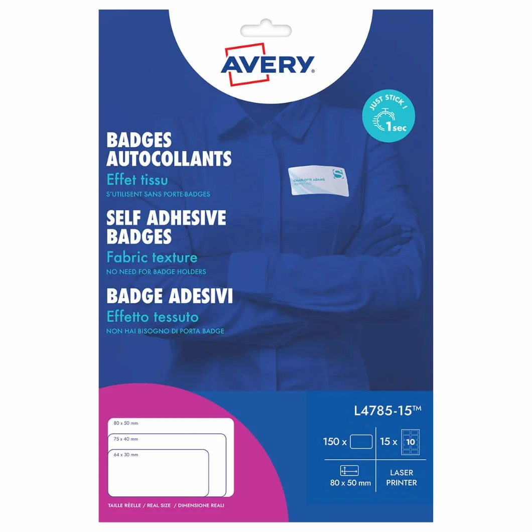 AVERY 150 badge adesivi per tessuti in seta di acetato bianco 80x50mm stampa laser