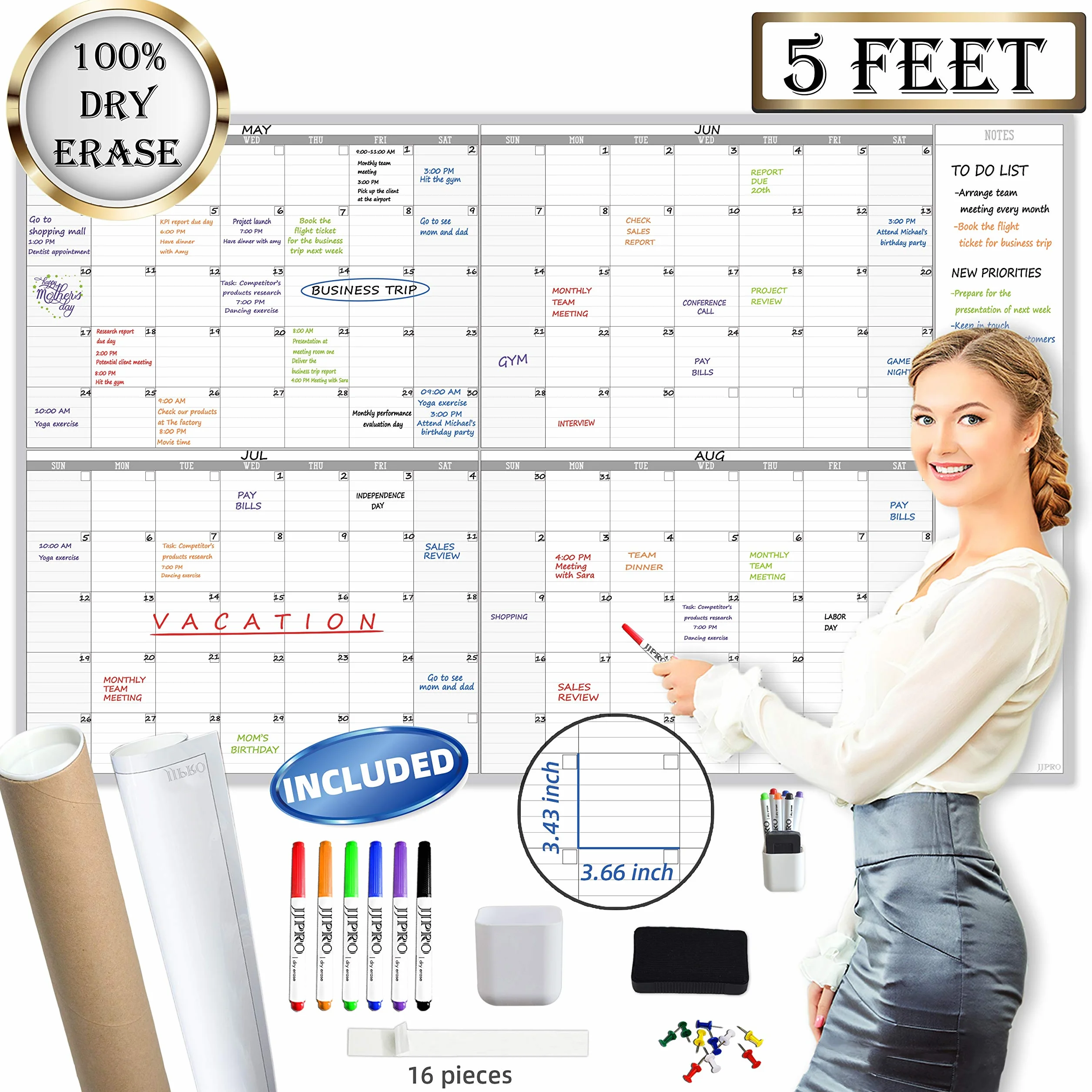 Grande calendario da parete cancellabile a secco, 152,4 x 96,5 cm, laminato, vuoto, non datato, riutilizzabile e cancellabile, planner di 4 mesi, per aule, uffici, progetti e programmi familiari.