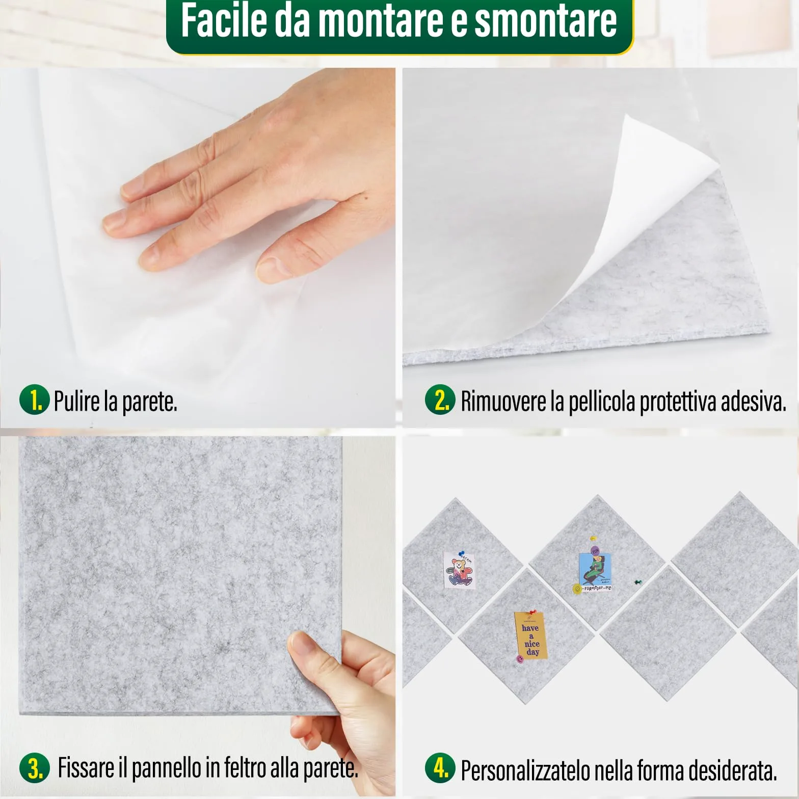 Bacheca in feltro, autoadesiva, 12 pezzi, 30 x 30 cm, spessore 0,9 cm, per ufficio, cucina, foto, memo (grigio quadrato)