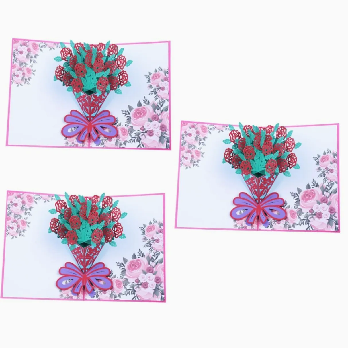 NUOBESTY Bouquet Di 3 Fiori Artificiali Biglietto Dauguri Con Rose Decorazione Per Festival Design 3d Con Rose Carta Creativa Per Amici