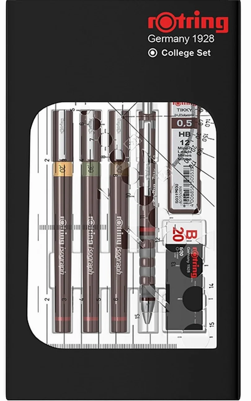 rOtring Isograph S0699370 - Set composto da 3 penne (0,20 mm, 0,30 mm, 0,50 mm) e portamine (0,5 mm), accessori con taccuino